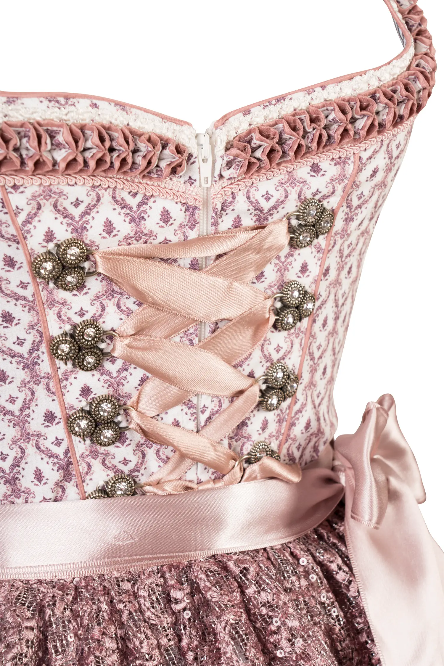 Dirndl in weiß / altrosa mit Glitzerschürze - Detail Mieder