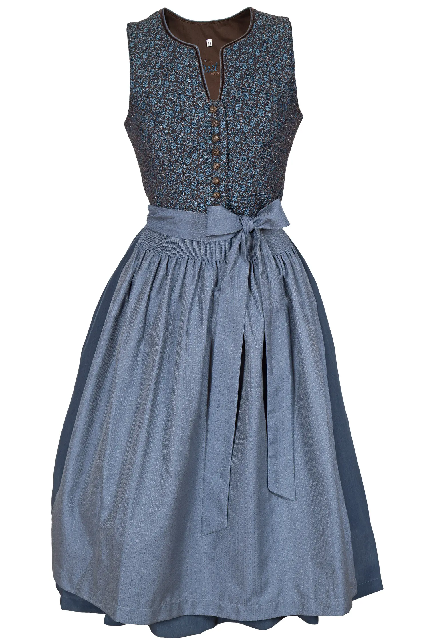Midi Dirndl hochgeschlossen in graublau mit Rundhals