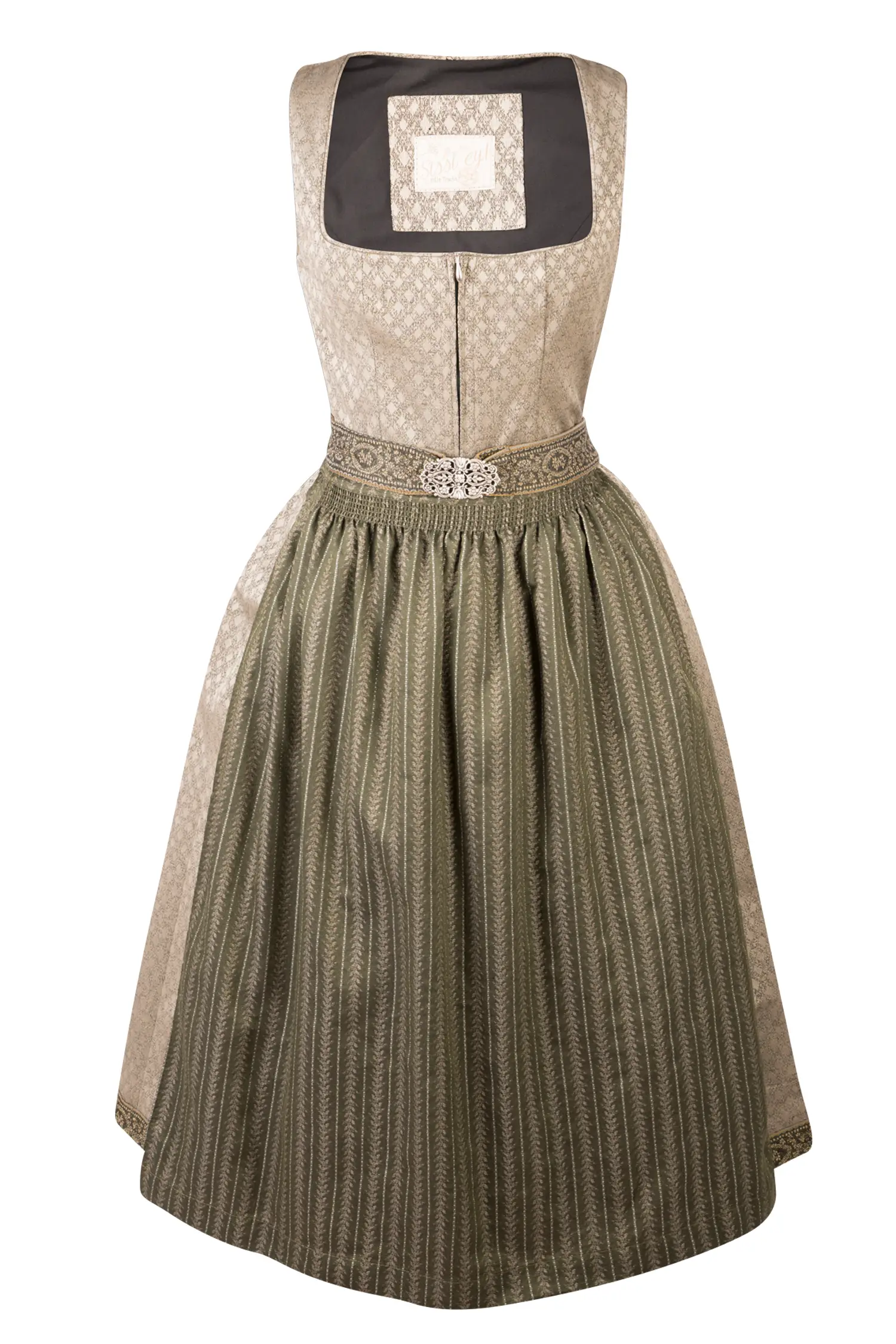 Dirndl Ilse in taupe / grün mit Schließe