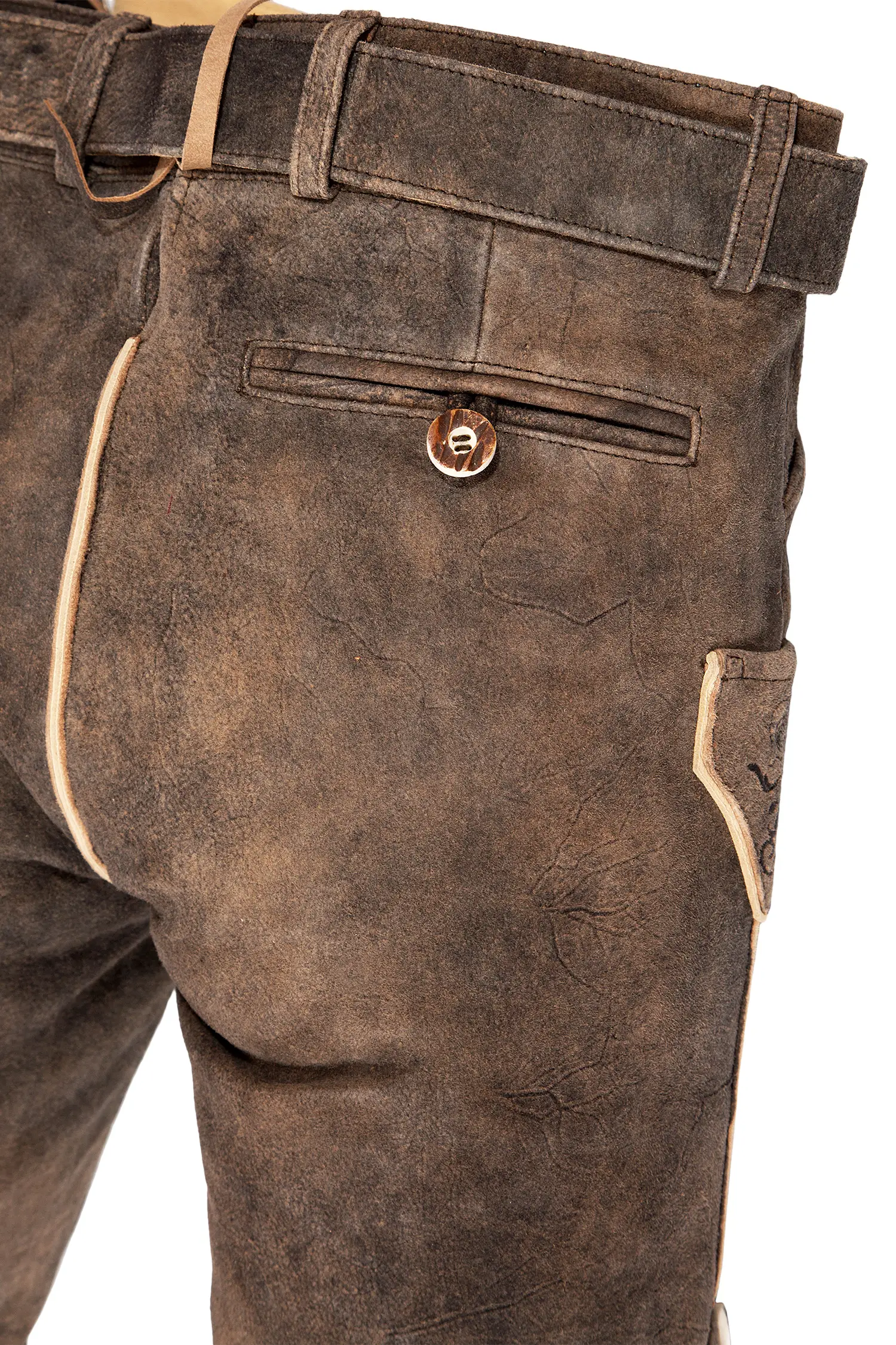 Kurze Trachten Lederhose in schwarzbraun hinten