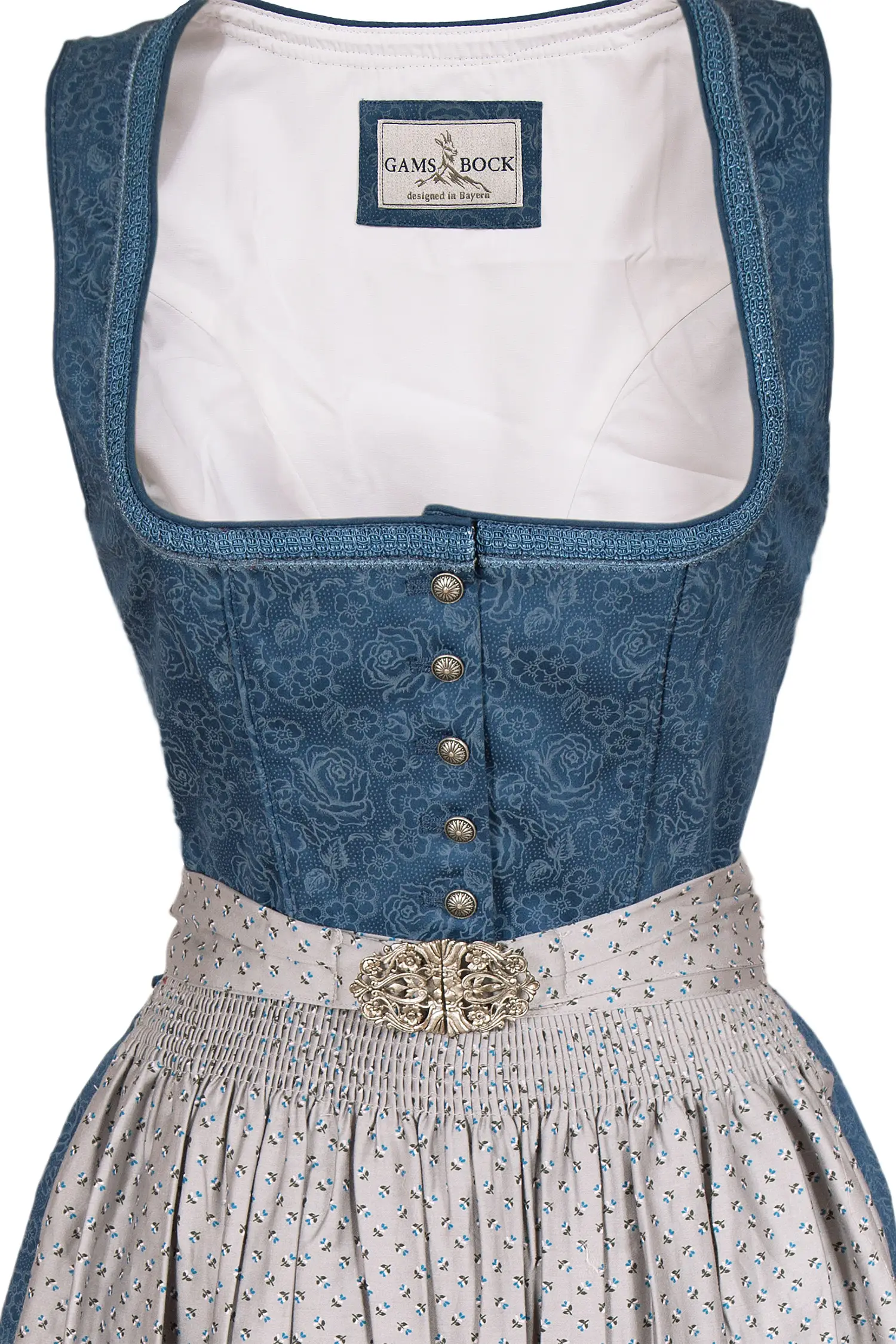 Midi Dirndl in dunkelblau mit grauer Schürze Mieder