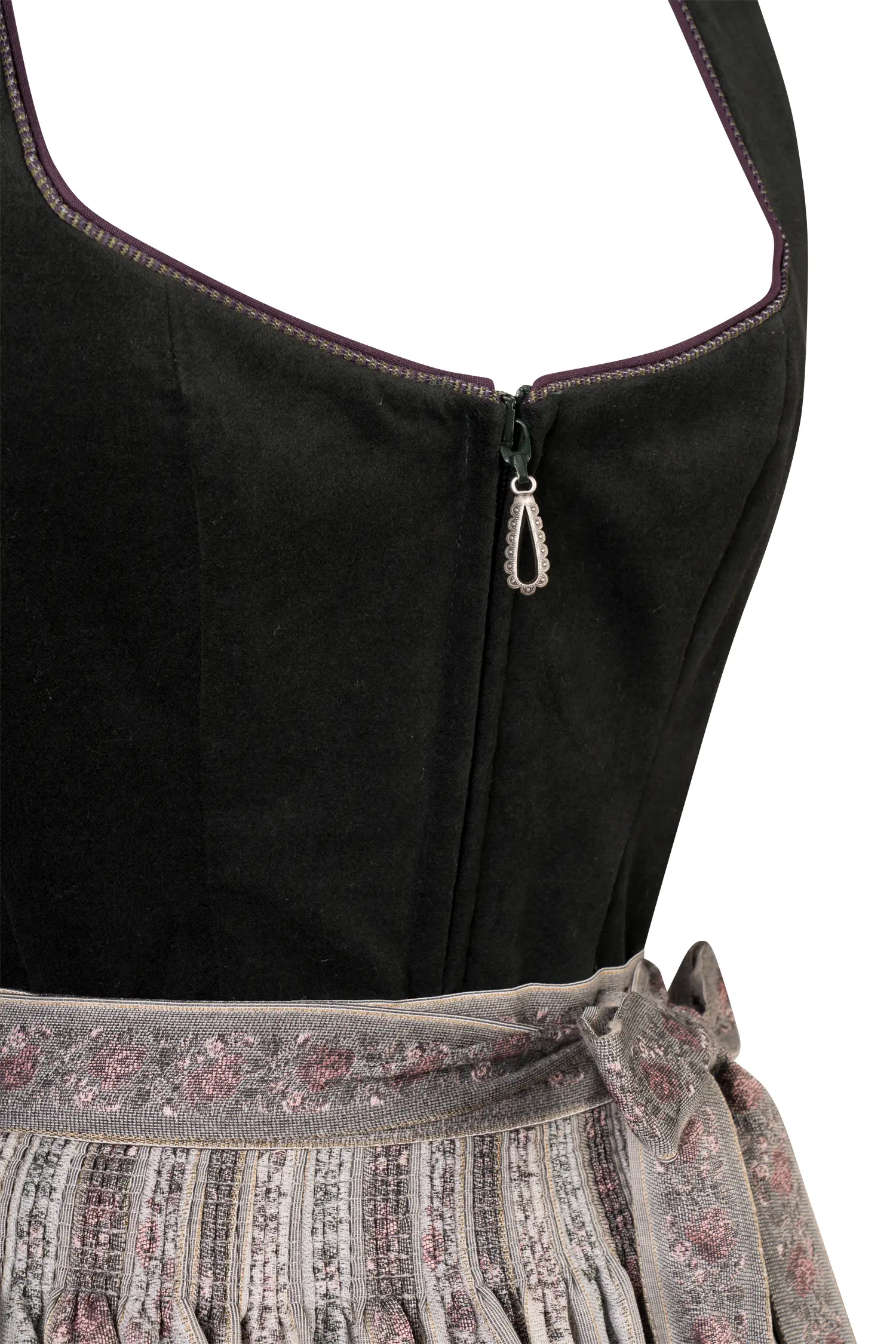 3097-1710-gn8-23-08-2302605 Samt Dirndl in moos / pflaume mit Stretch - Detail Mieder