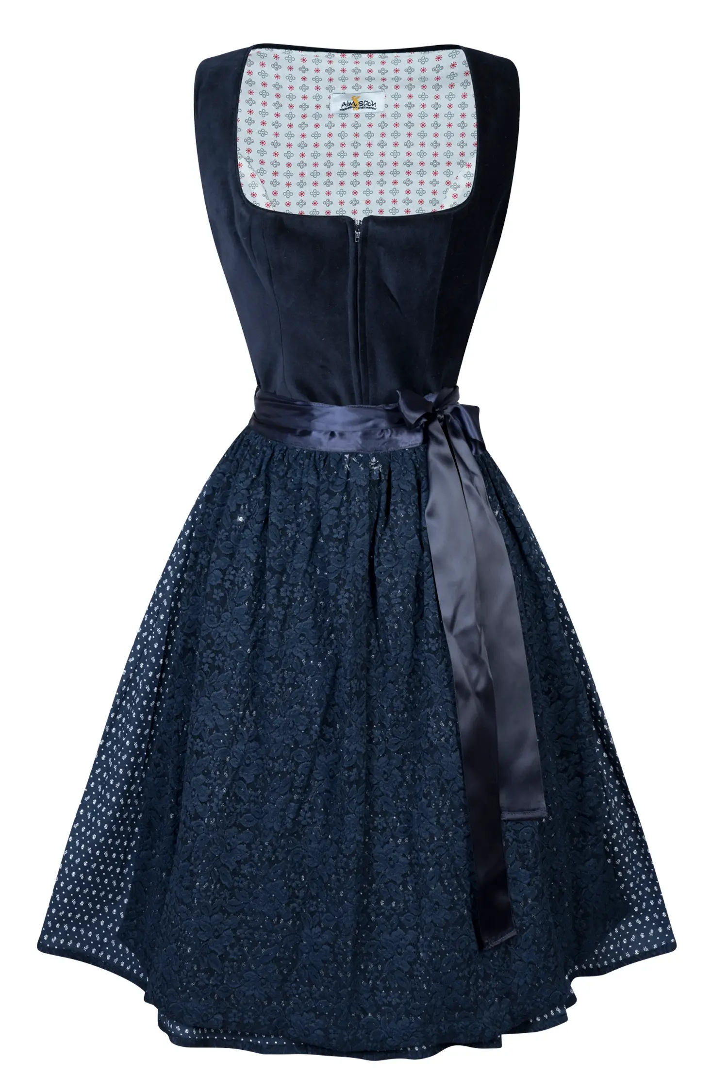Samtdirndl in dunkelblau mit Netzschürze