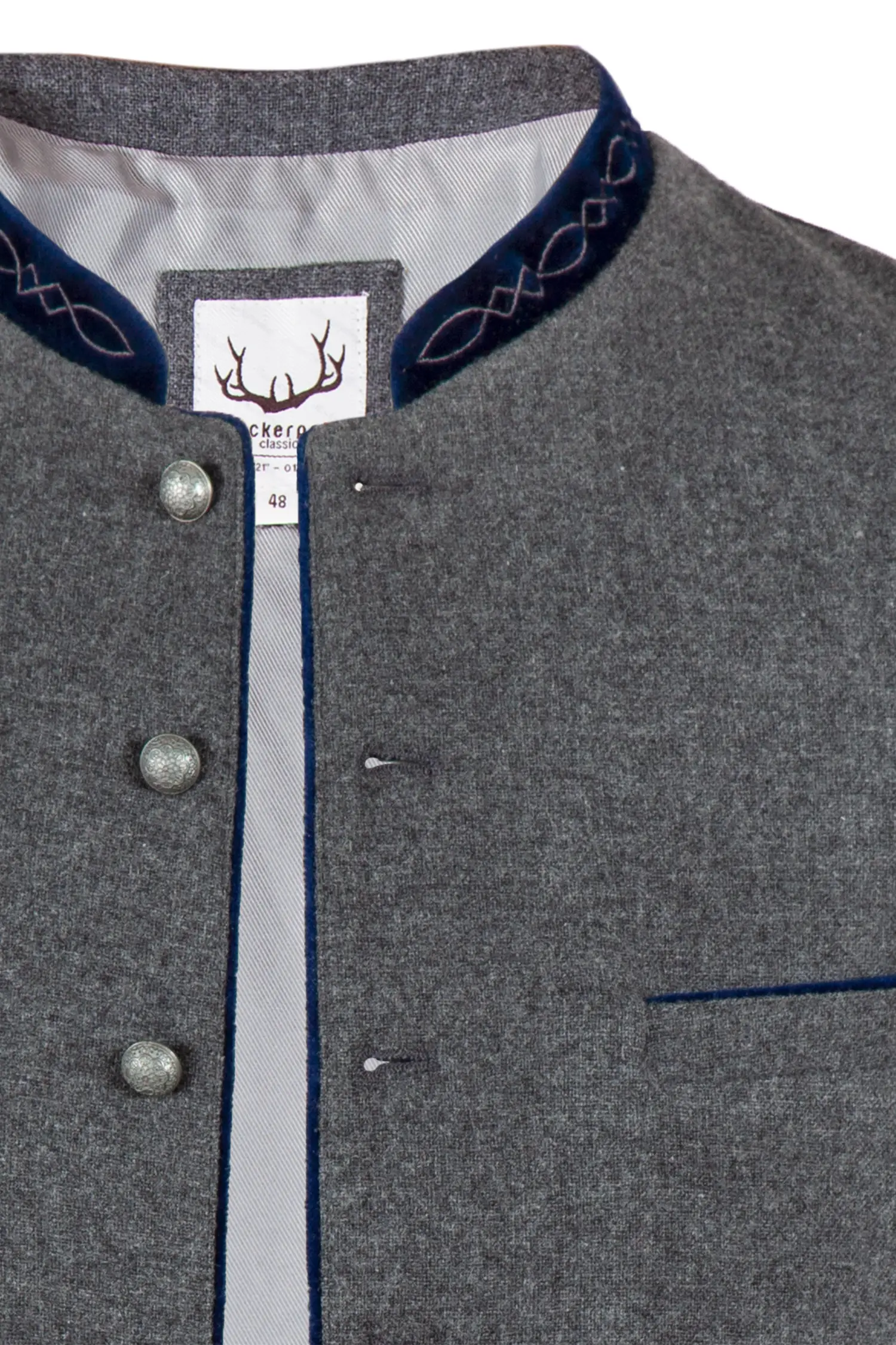 Trachtenweste Fabricio aus Loden in anthrazit und blauem Detail Ausschnitt