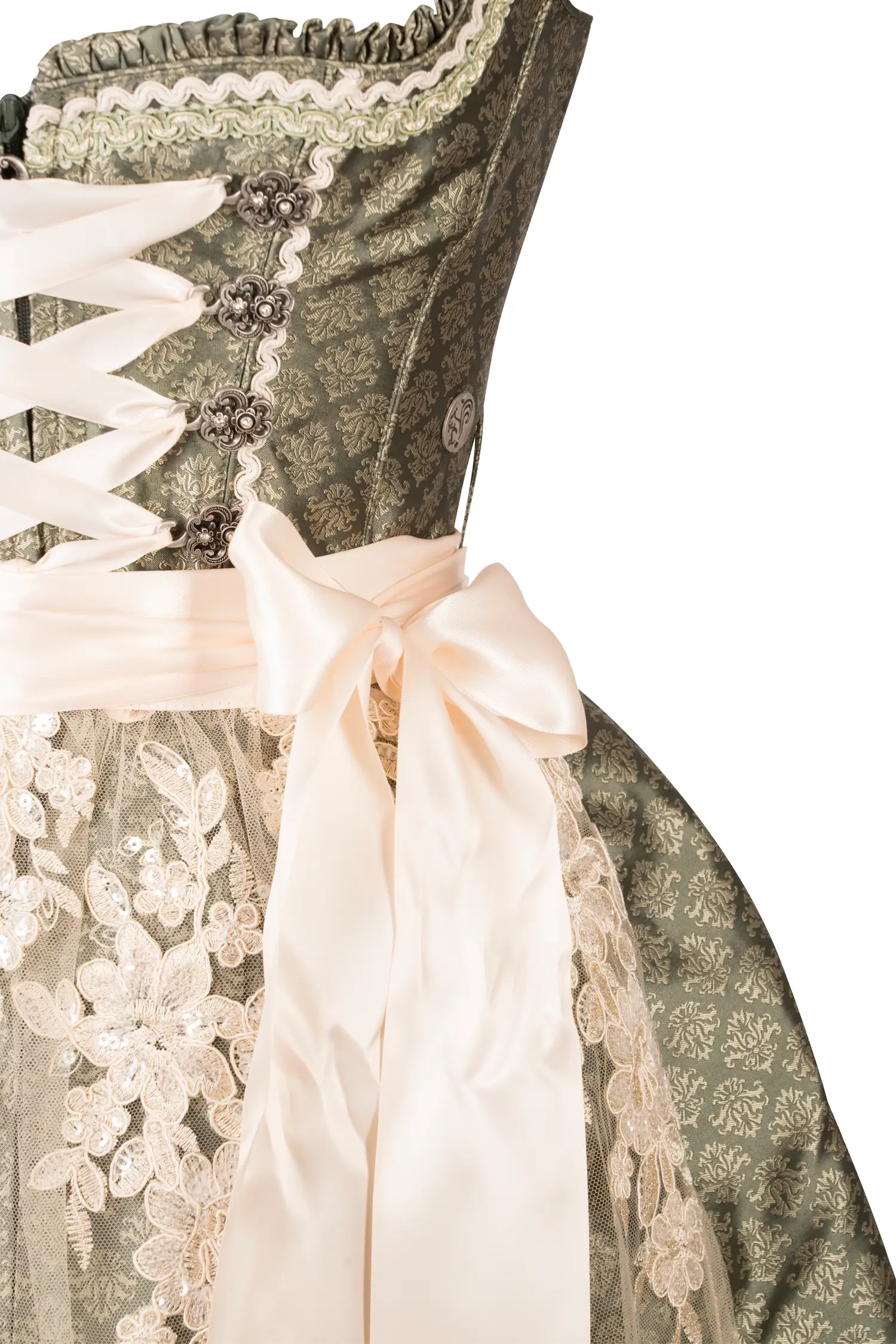 Dirndl Mira in Moos/Grün mit Spitzenschürze Detail Mieder