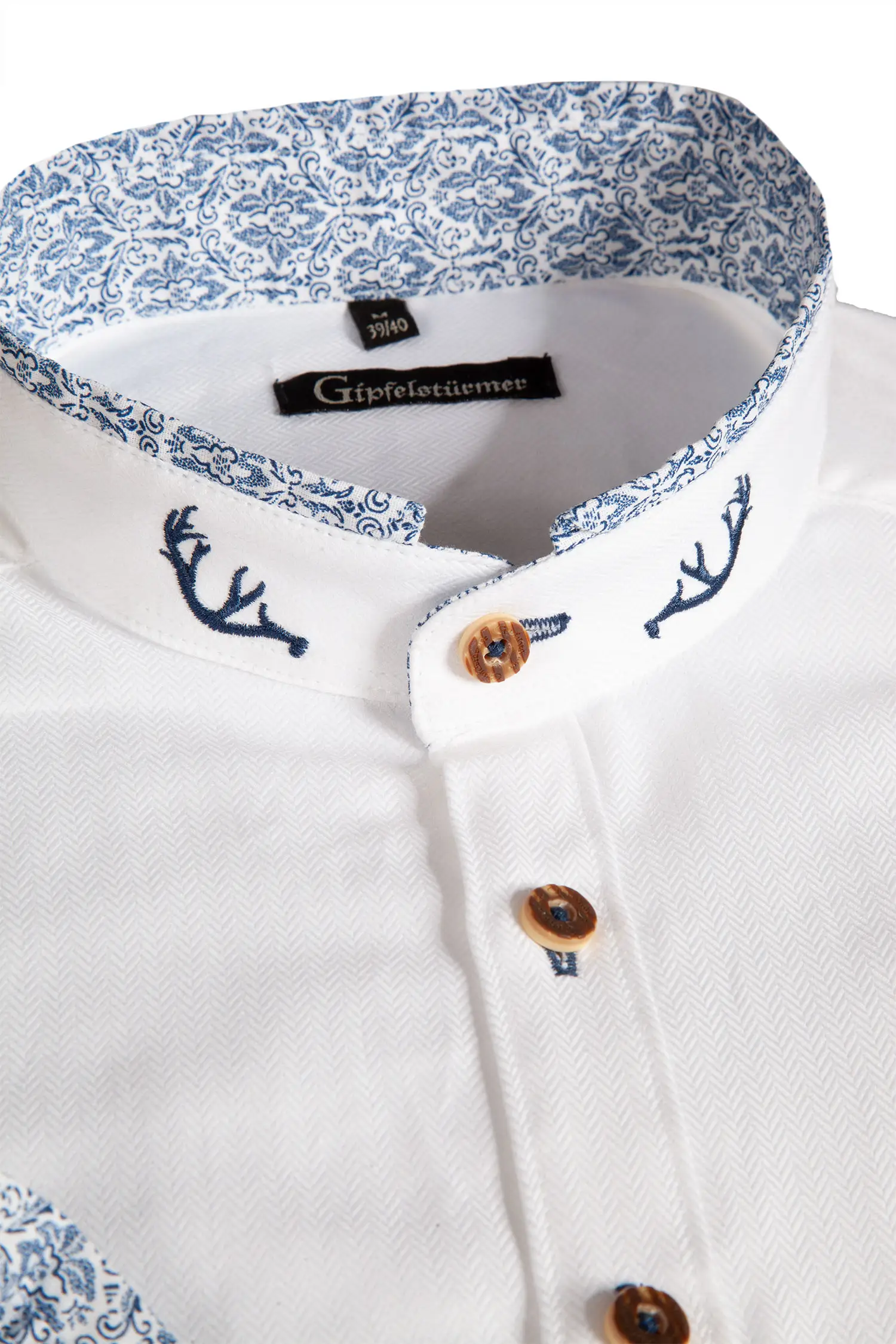 Trachtenhemd in weiß mit blauen Details - Detail Kragen