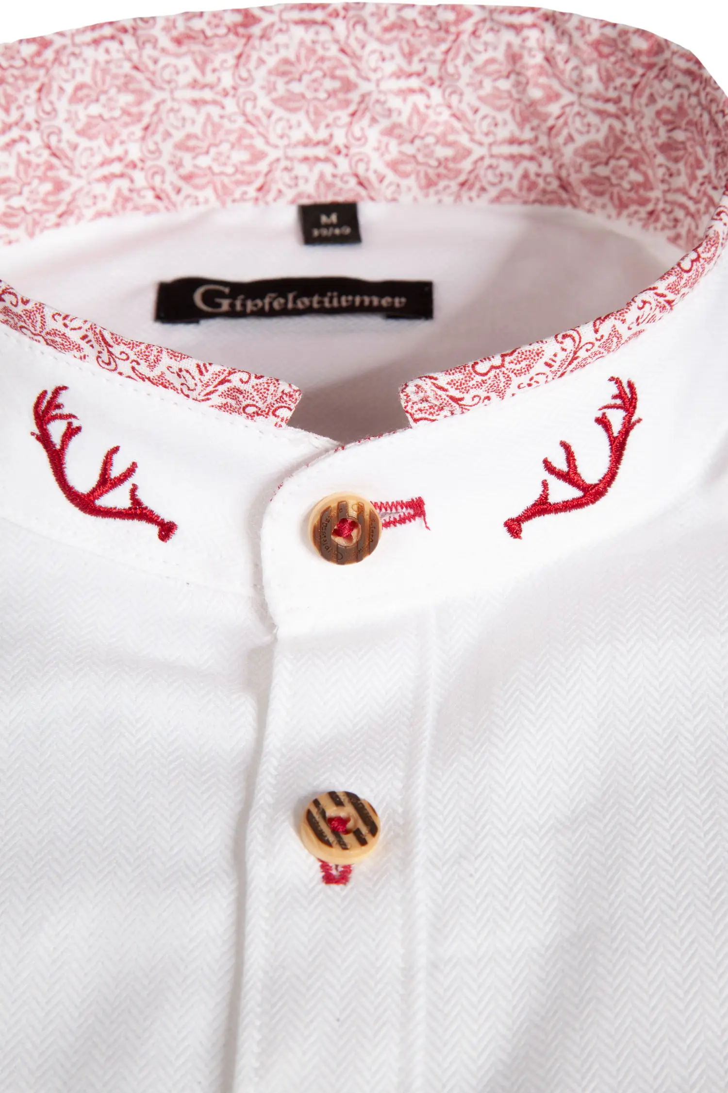 Trachtenhemd in weiß mit roten Details - Detail Kragen