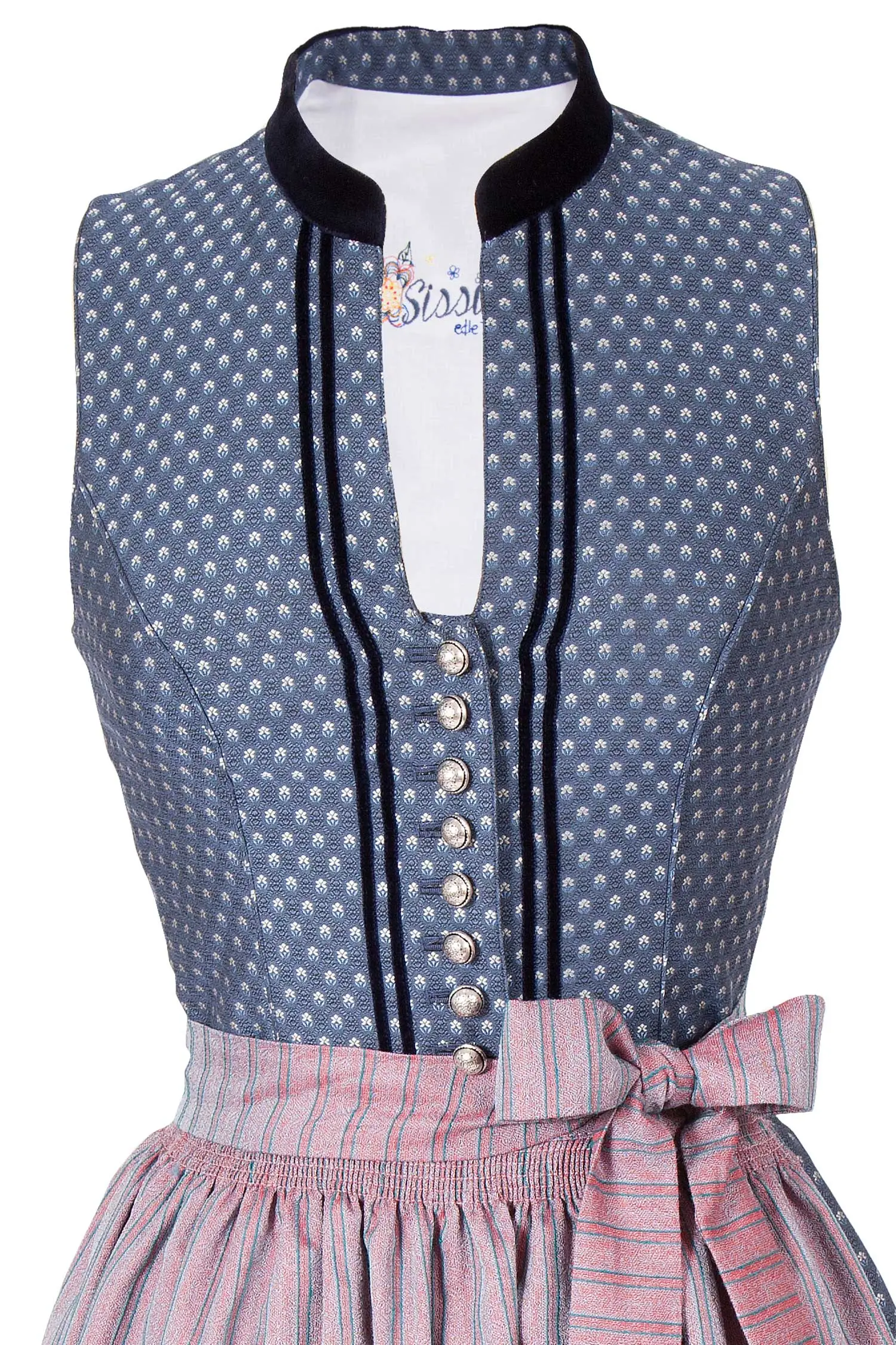 Midi Dirndl Carmen edel in blau mit roter Schürze Mieder