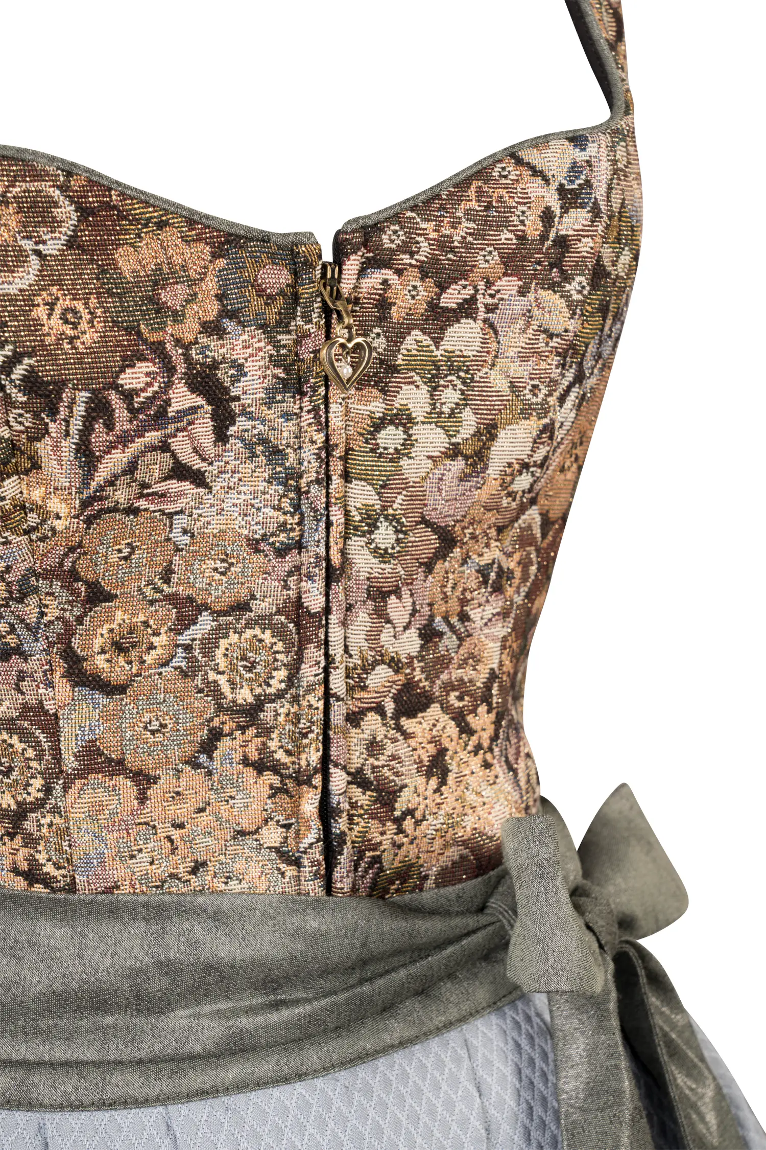 Sportalm Dirndl in braun / oliv mit hellblauer Schürze - Detail Mieder