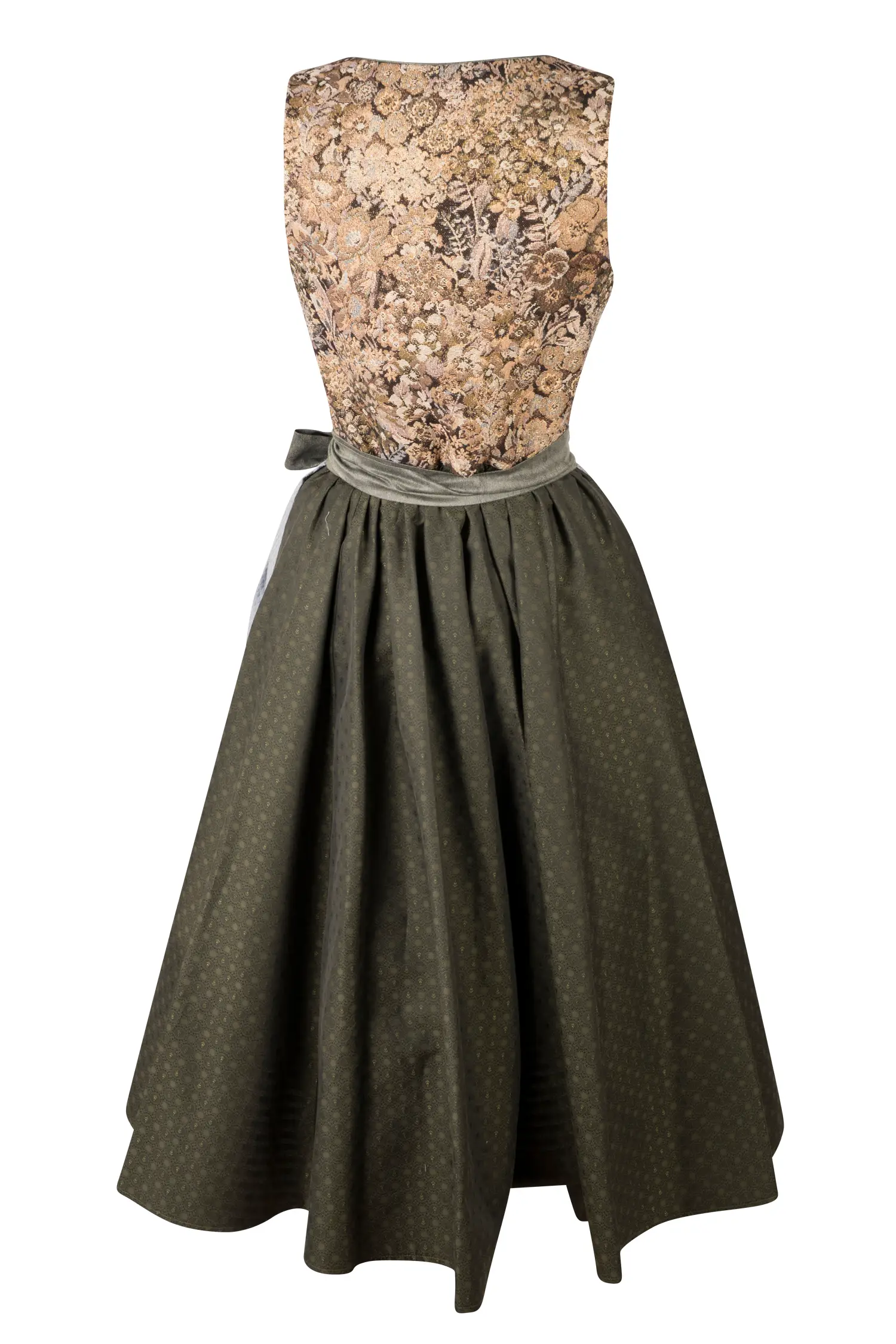 Sportalm Dirndl in braun / oliv mit hellblauer Schürze - Rückansicht