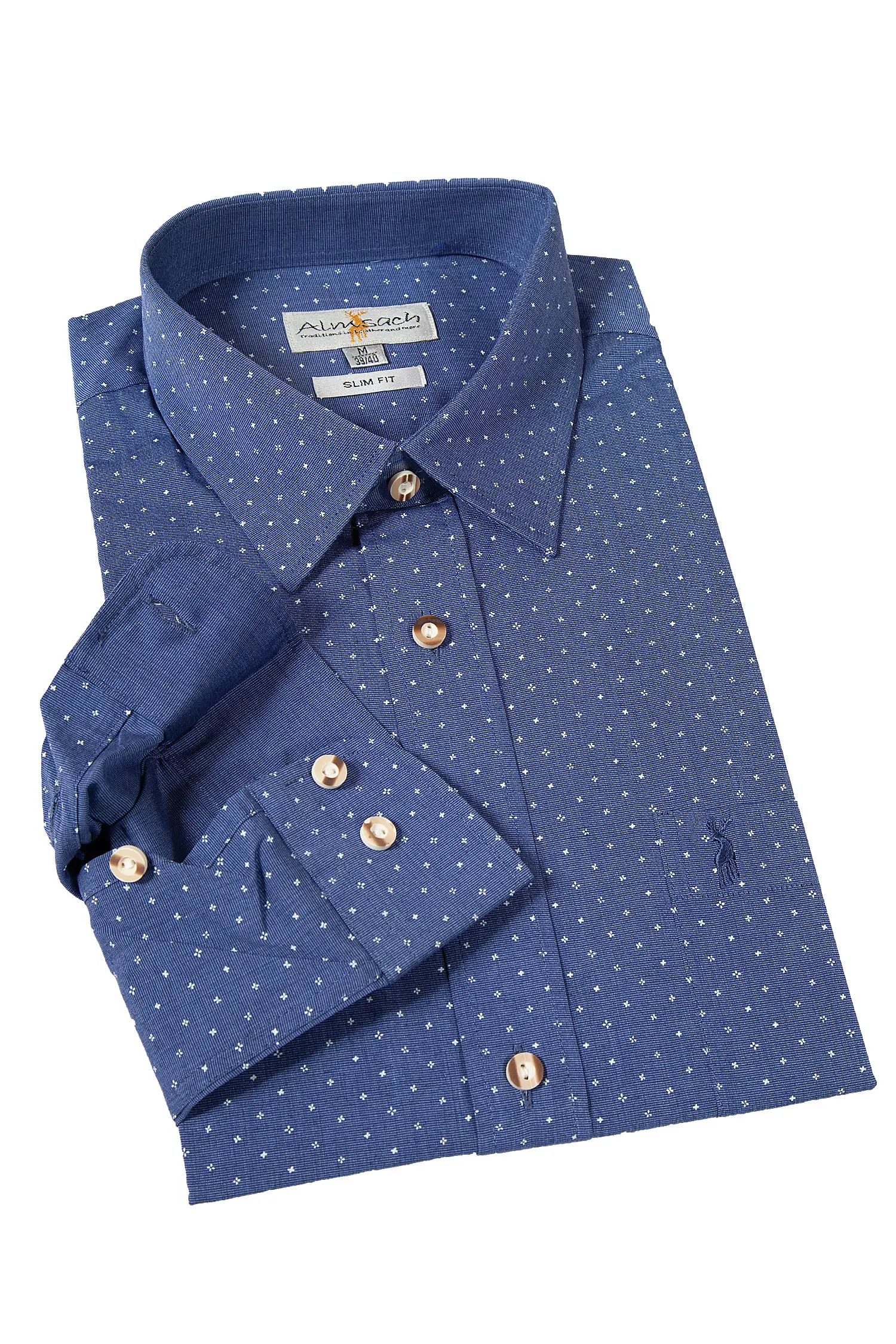 Trachtenhemd in blau mit Muster in weiß von Almsach