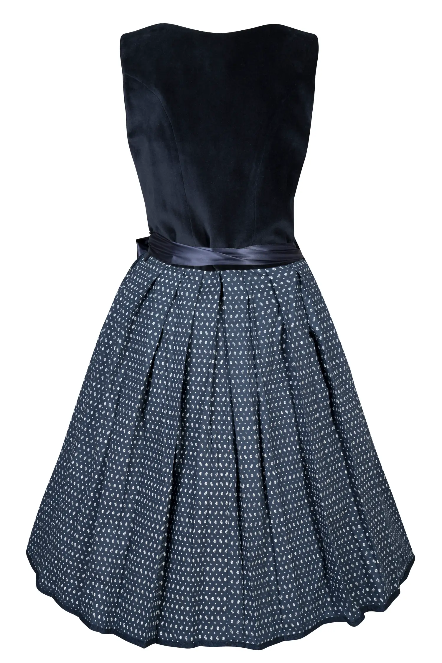 Samtdirndl in dunkelblau mit Netzschürze - Rückansicht