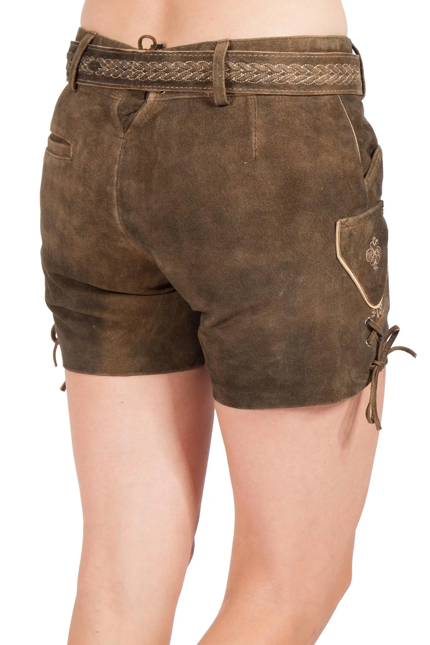 Lederhose kurz Gerda für Damen in braun mit Gürtel hinten