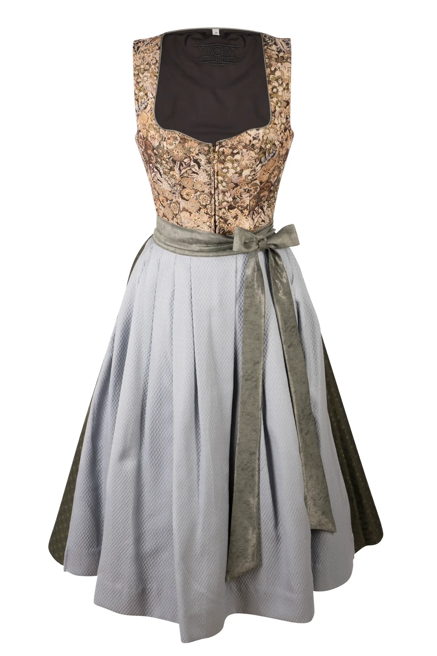 Sportalm Dirndl in braun / oliv mit hellblauer Schürze