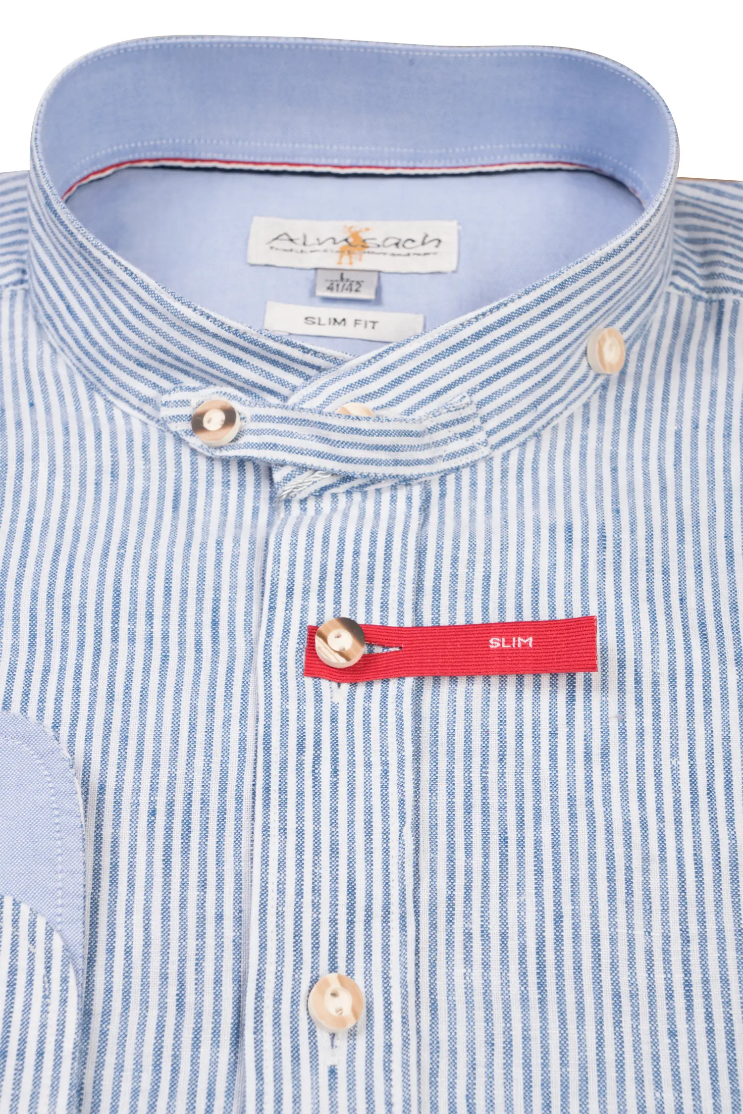 Leinen Trachtenhemd mit Stehkragen in blau / weiß - Detail Kragen