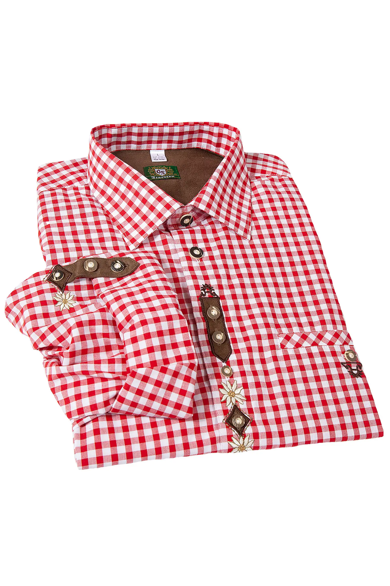 1526-1031-RT6-23-04a-5509a Trachtenhemd mittelrot kariert von OS Trachten mit Edelweiß-Applikation