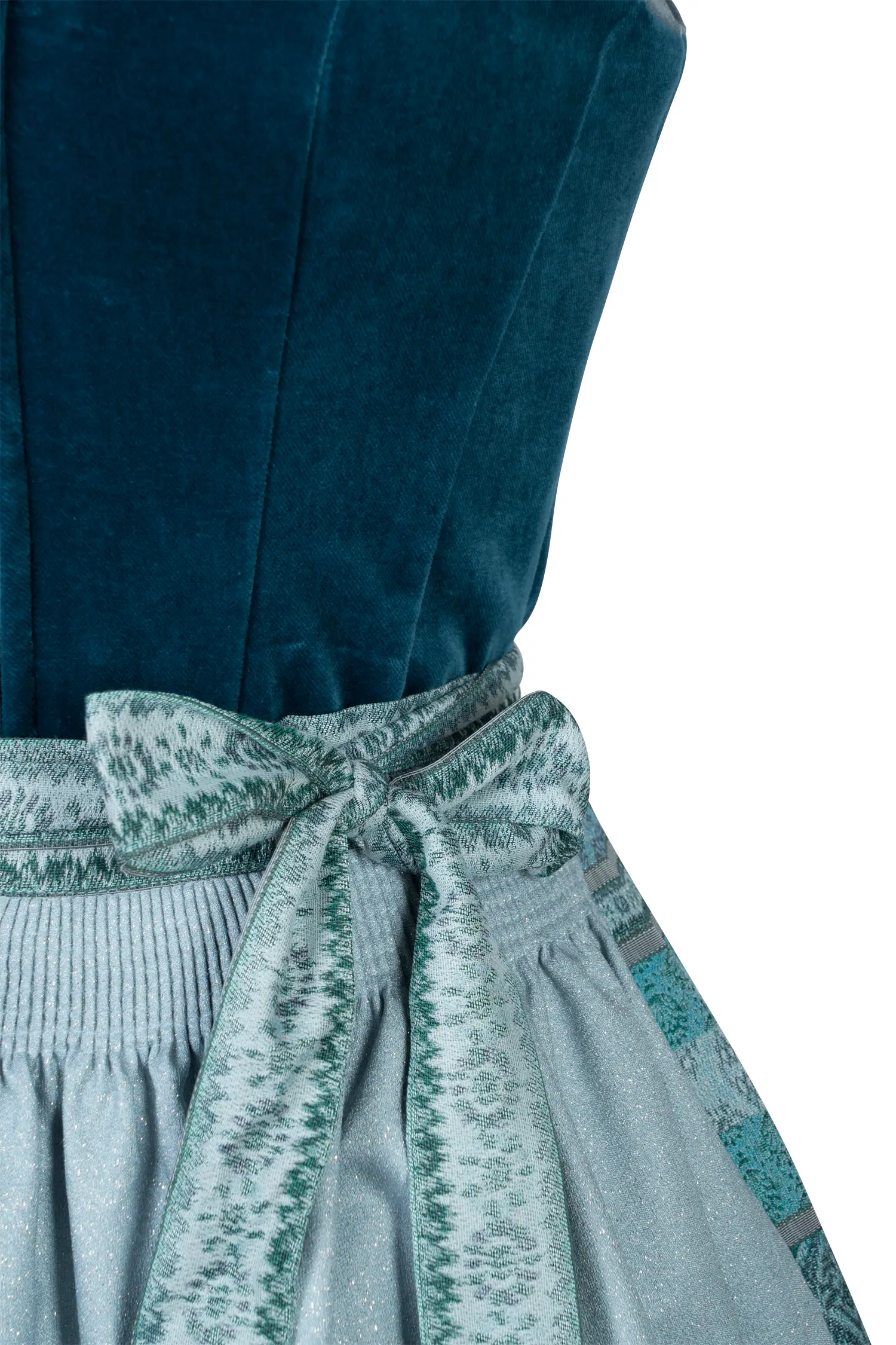 Samtdirndl in türkis mit Glitzerschürze - Detail Mieder
