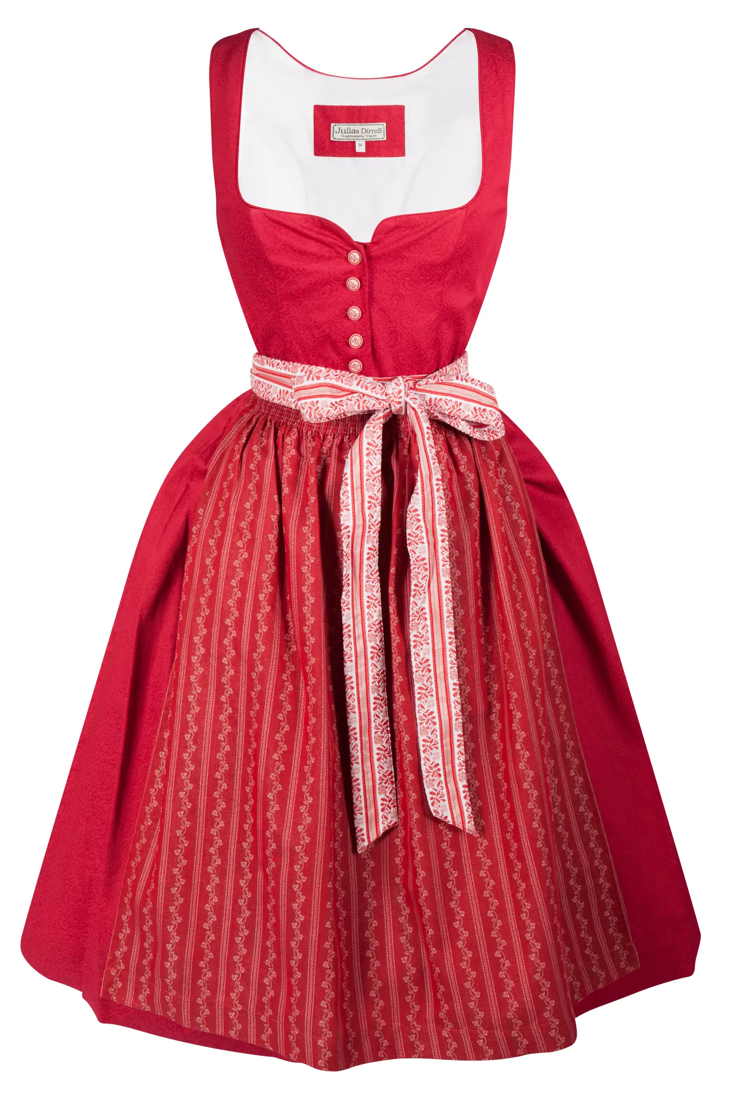 Rotes Dirndl mit auffälliger Schürze