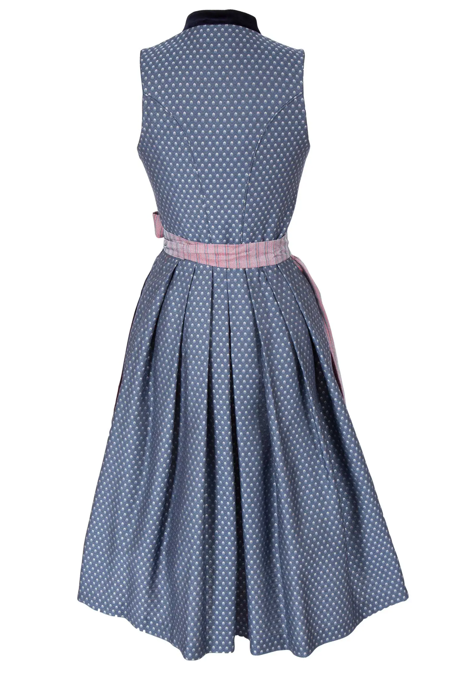 Midi Dirndl Carmen edel in blau mit roter Schürze hinten