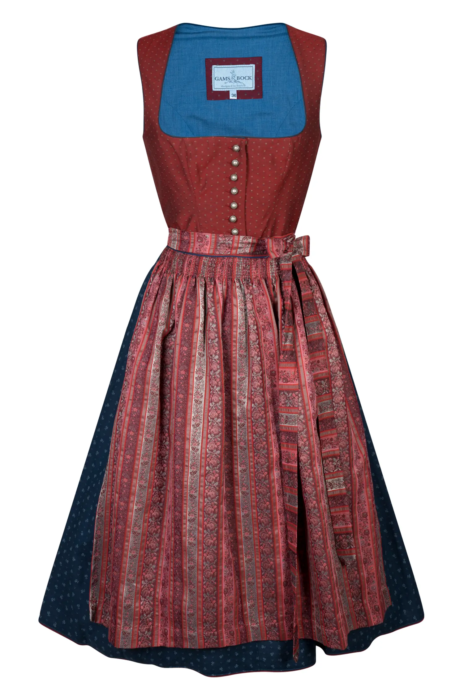 3098-0374-rt5-24-02-0604248 Gamsbock Dirndl in rot mit blauem Rock
