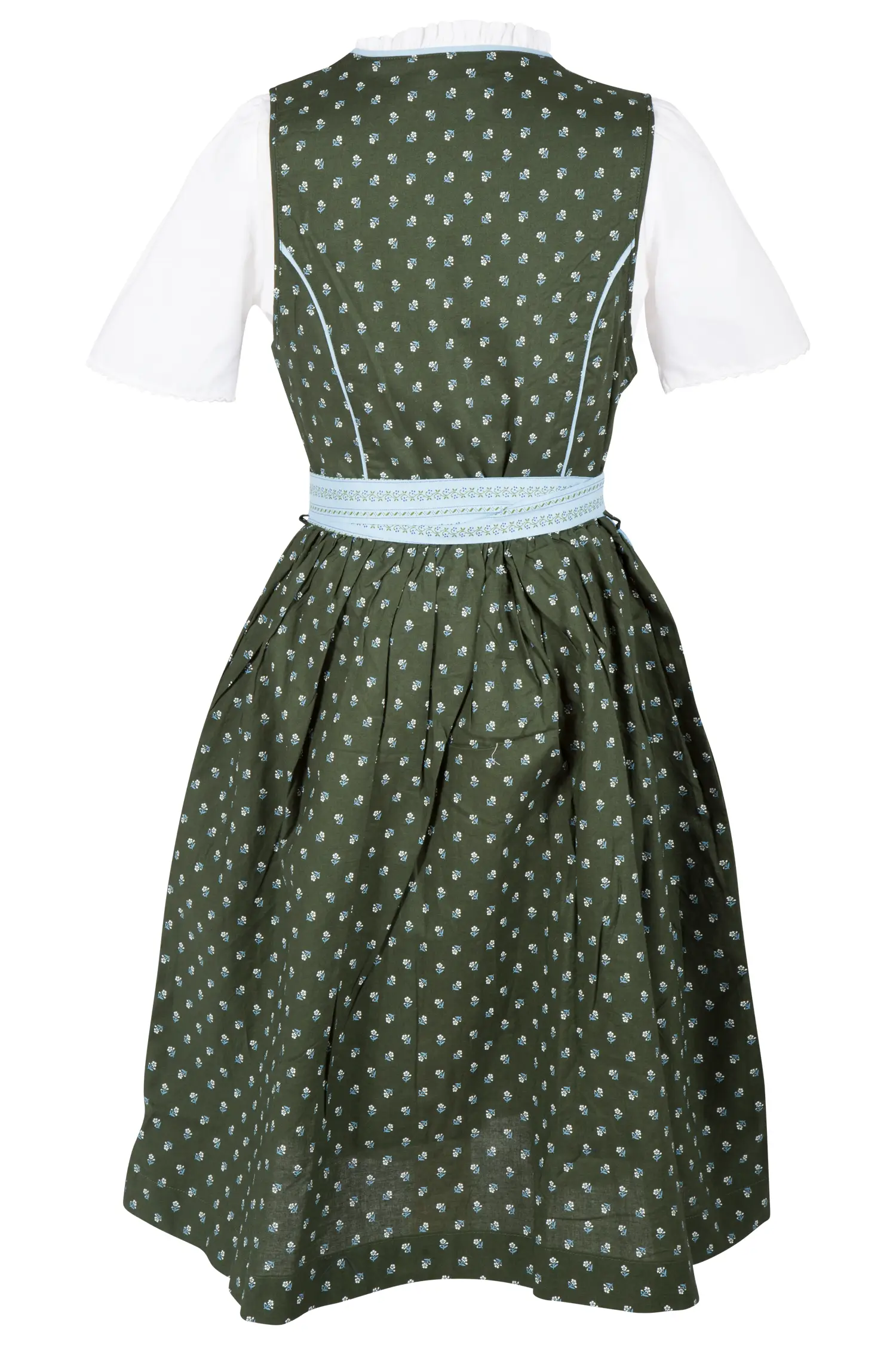Kinderdirndl in oliv mit Bluse und Schürze - Rückansicht