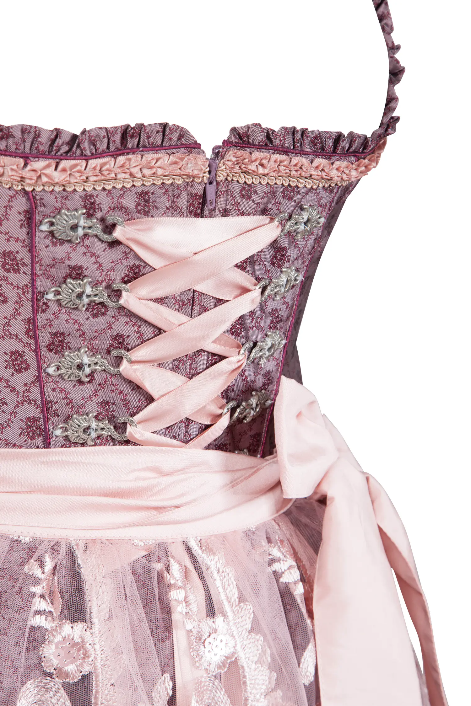3066-1157-rt8-23-07d-1789 Dirndl Palina in bordeaux / rosa - Detail Mieder