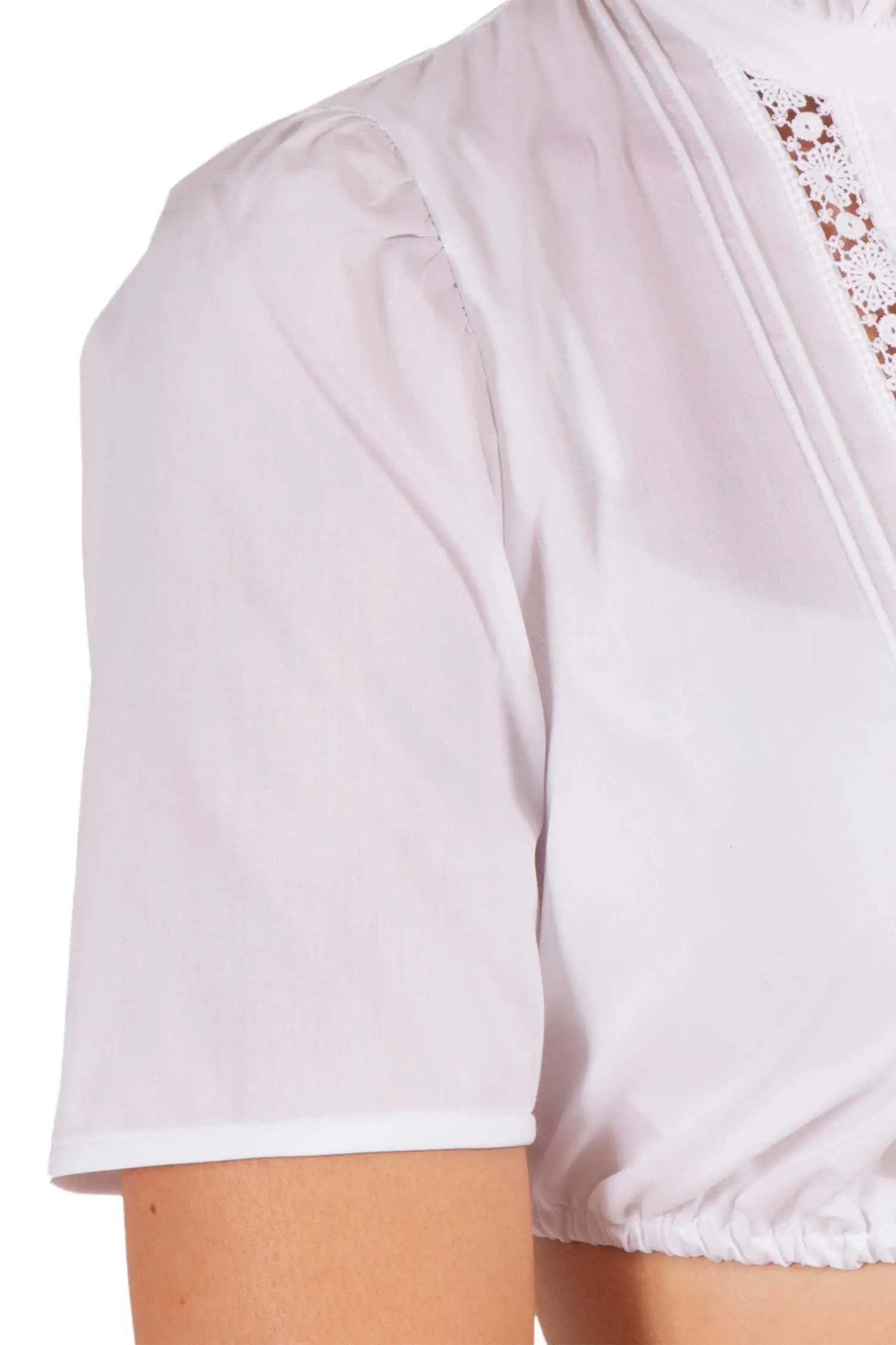 Dirndlbluse Otti weiß mit V-Ausschnitt und Stehkragen Arm