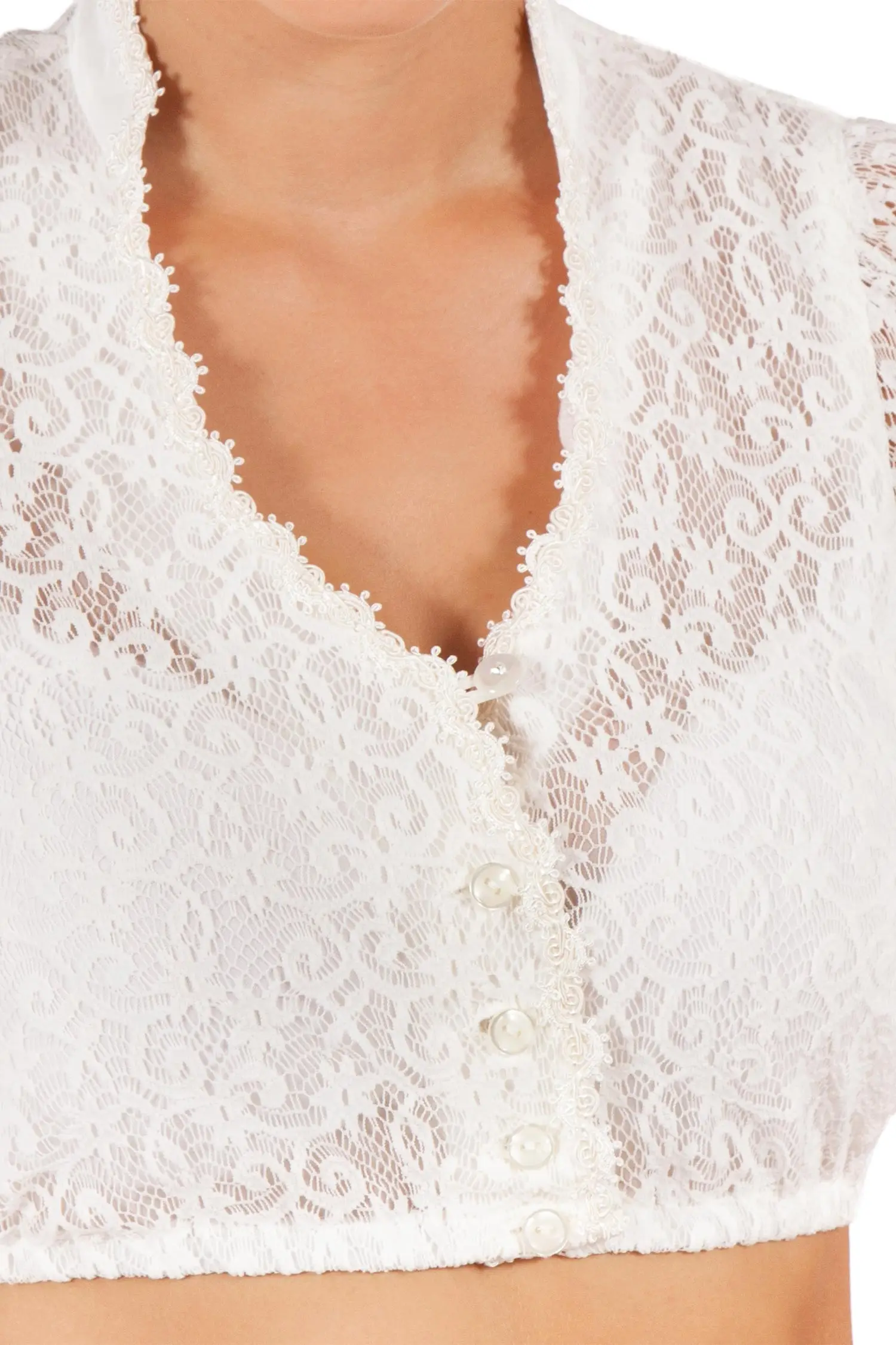 Dirndlbluse aus Spitze in creme mit V-Ausschnitt und Stehkragen Detail