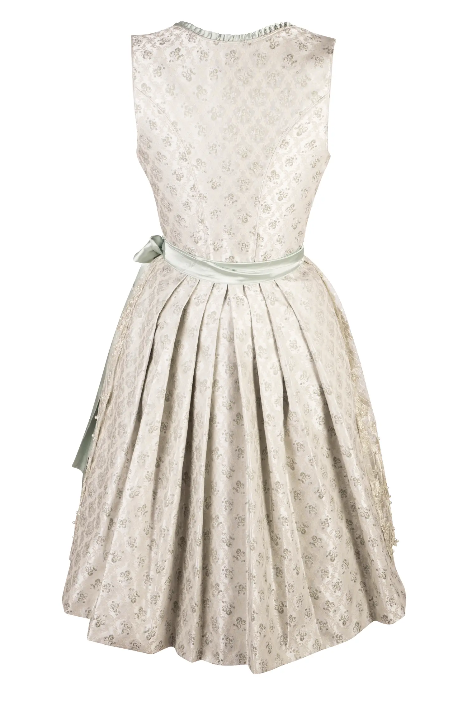 Dirndl Kalinda in silber / grün mit Netzschürze - Rückansicht