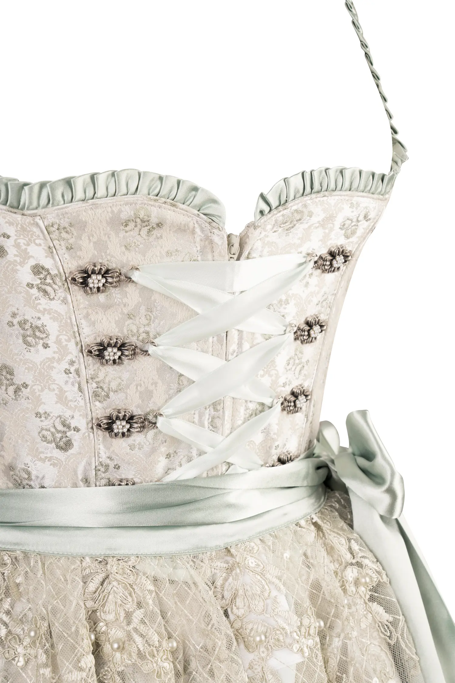 Dirndl Kalinda in silber / grün mit Netzschürze - Detail Mieder