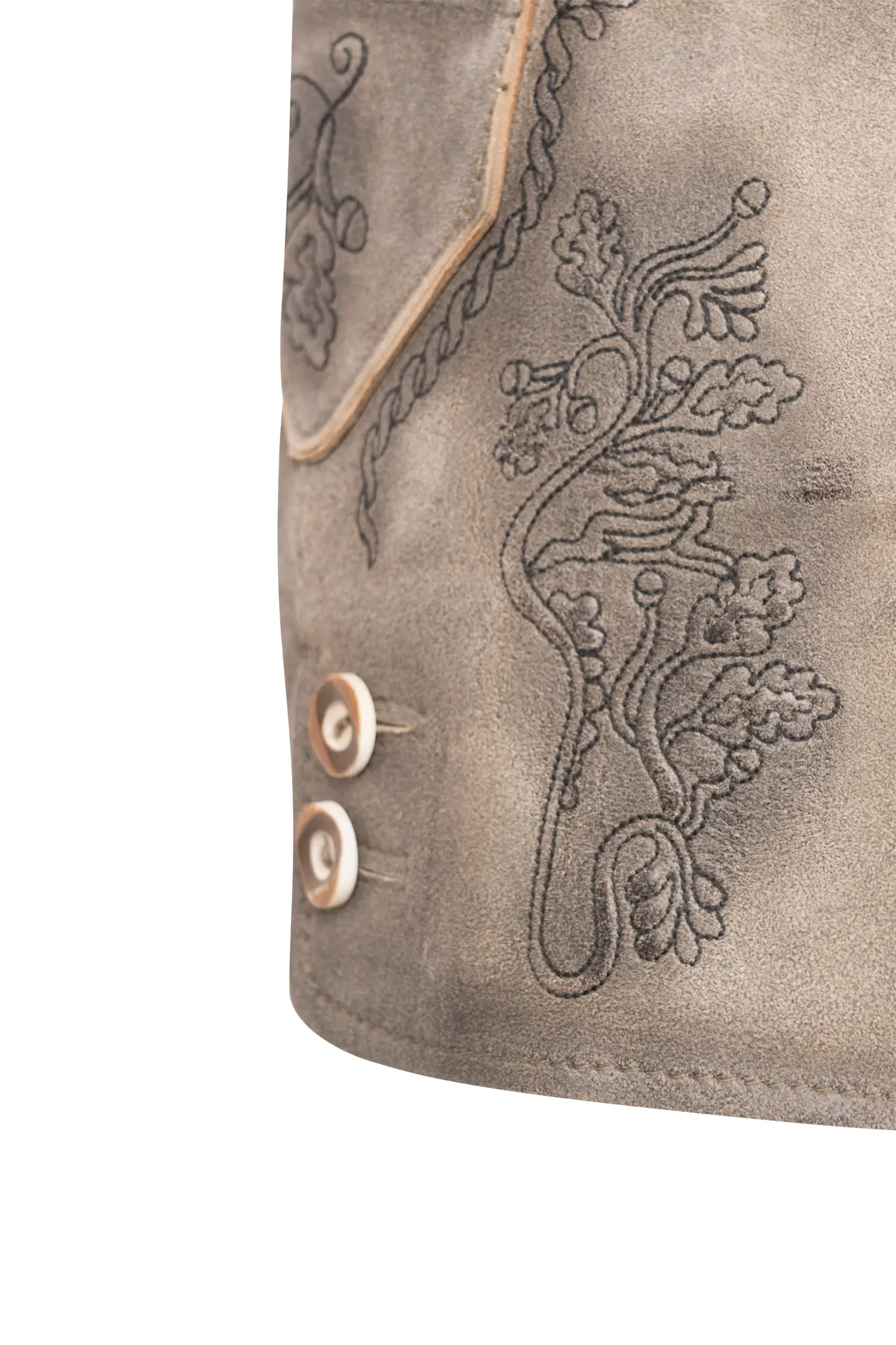 Lederhose Bogensee in Steingrau Detail Stickerei