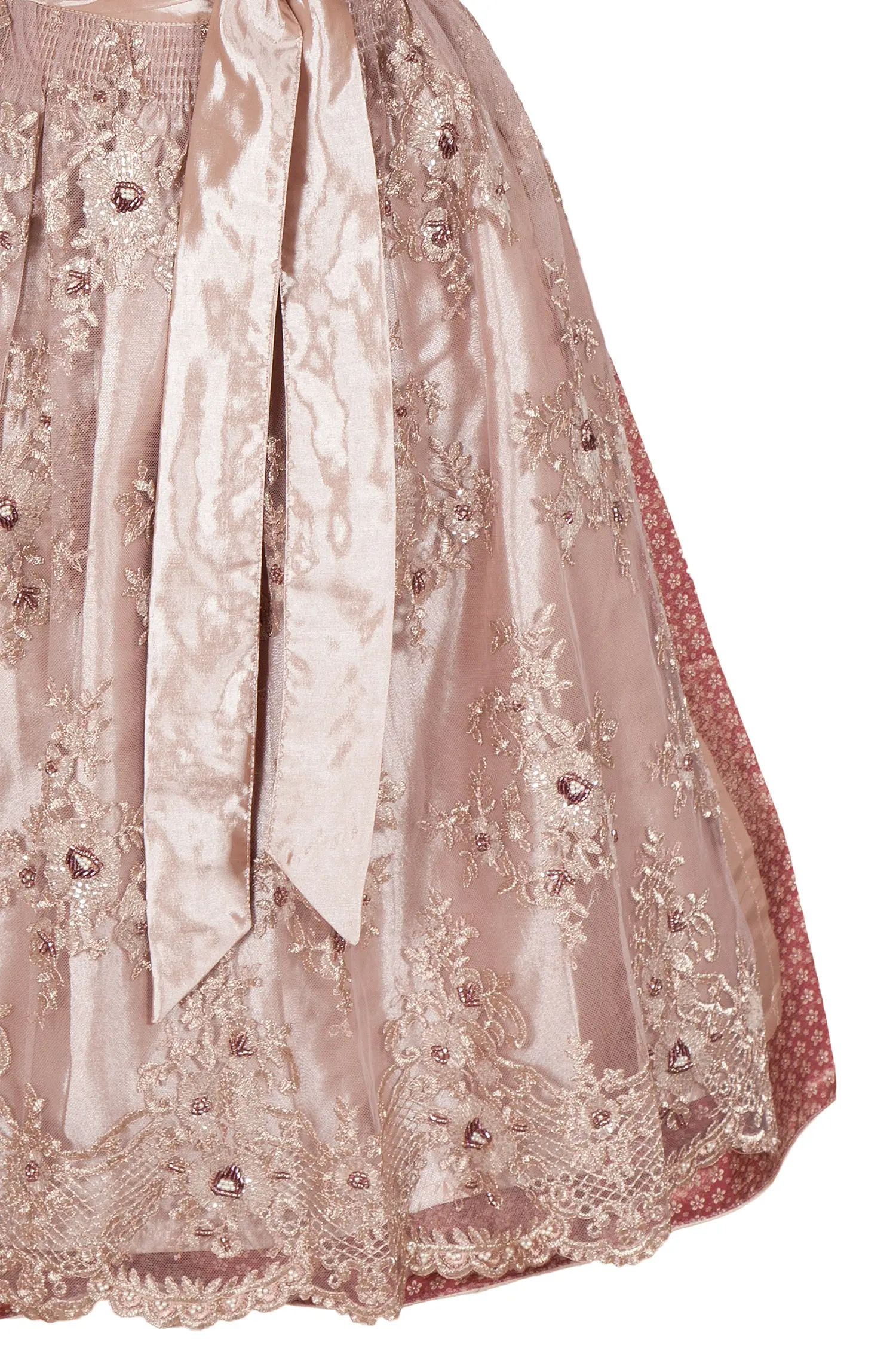 Midi Dirndl in rosenholz mit Spitzenschürze Detail