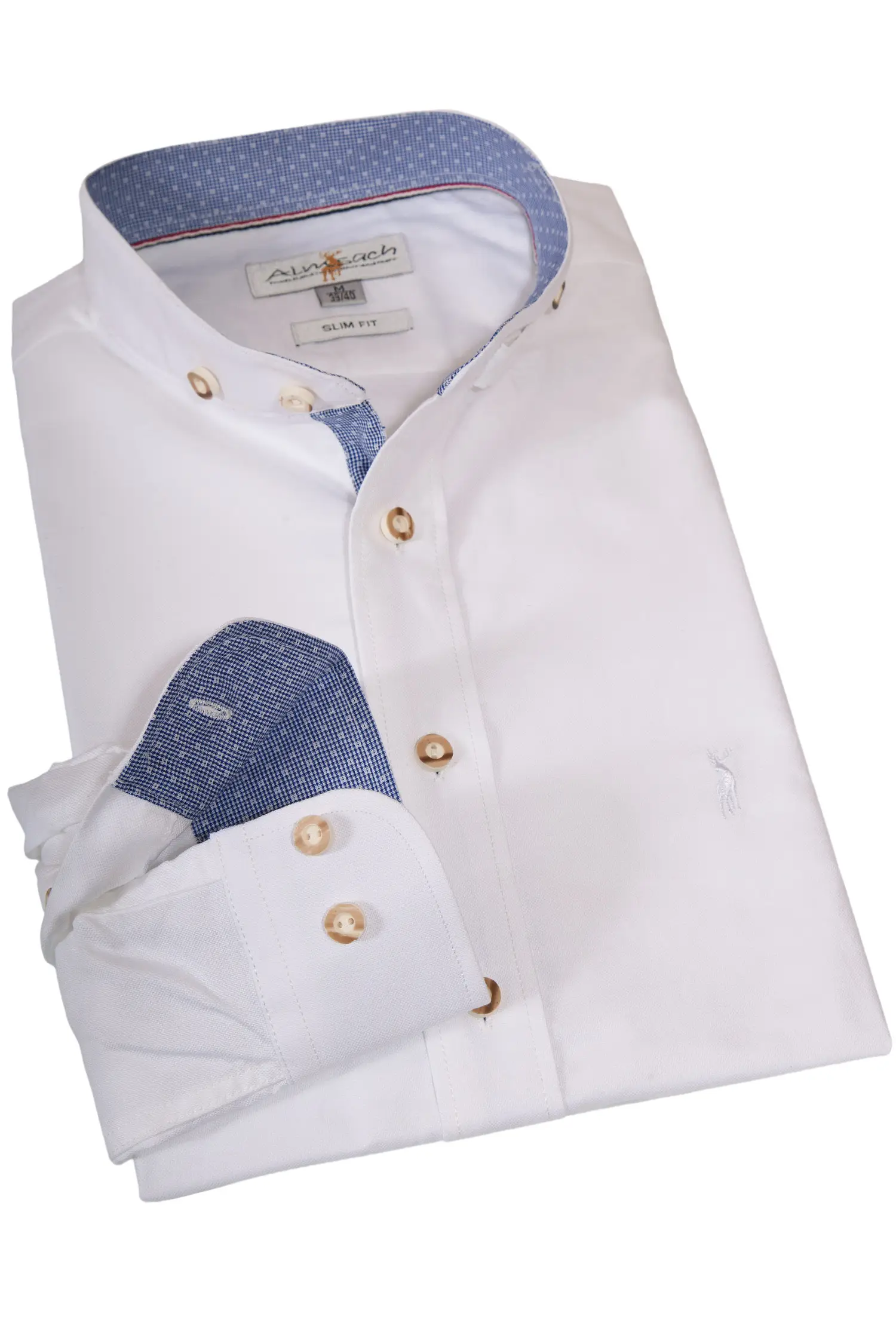 Trachtenhemd von Almsach in Weiß mit blauen Applikationen Trachtenhemd in weiß mit Stehkragen