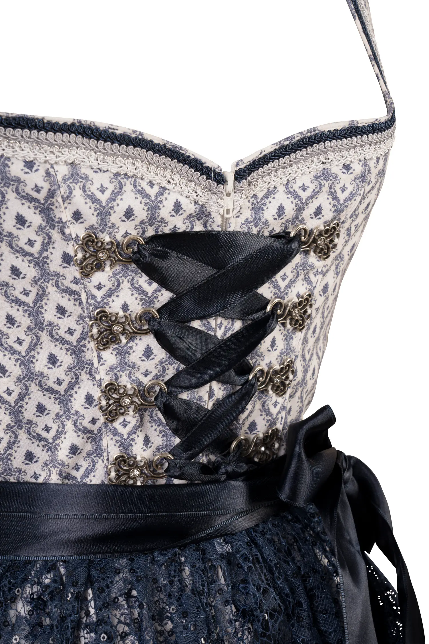 3051-1522-bl5-23-08-1701881 Dirndl in weiß / blau mit Netzschürze - Detail Mieder
