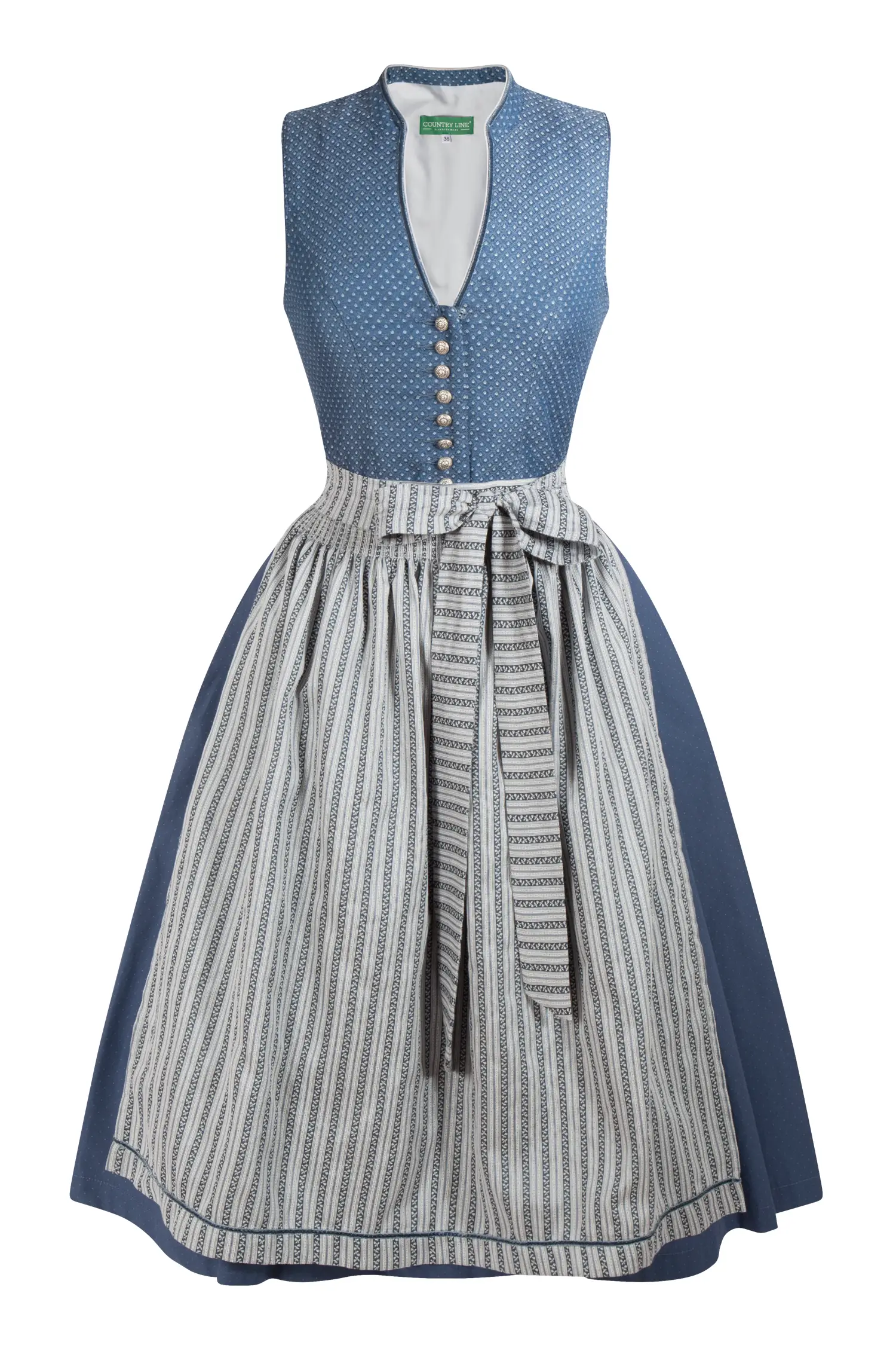 Dirndl in blau/grau mit auffälliger Schürze