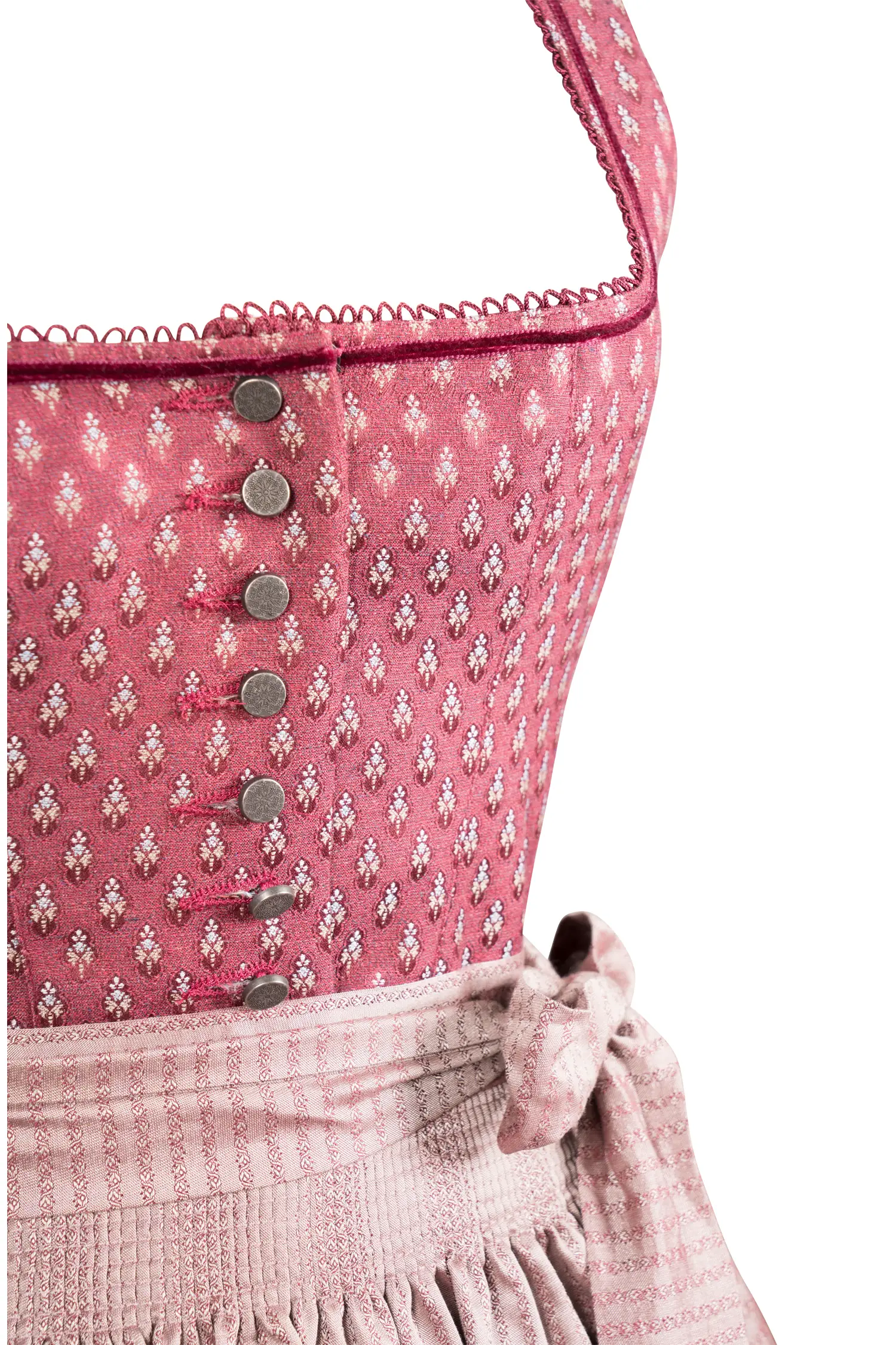 Gamsbock Dirndl in satten Rottönen - Detail Mieder