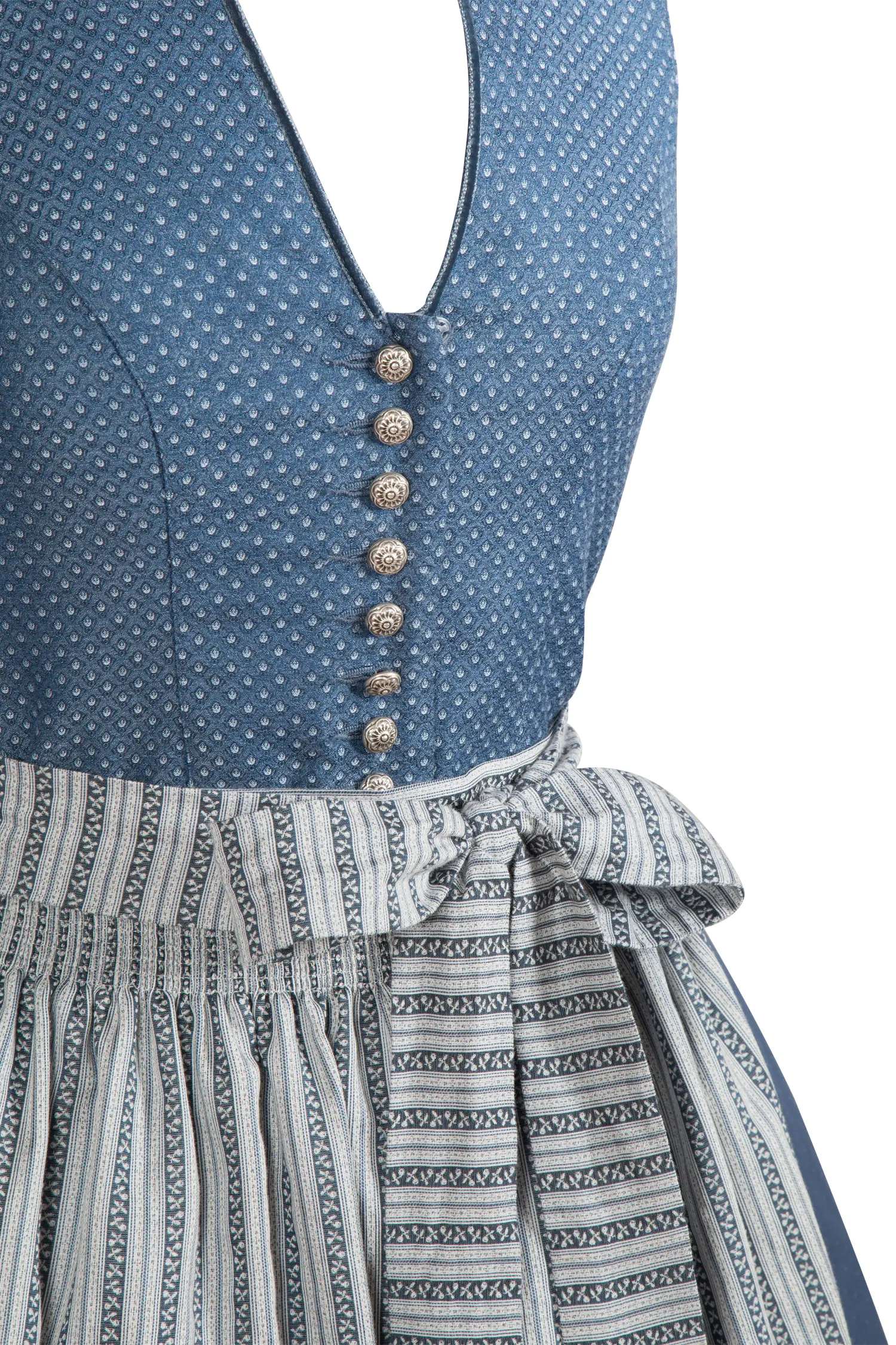 Dirndl in blau/grau mit auffälliger Schürze - Detail Mieder