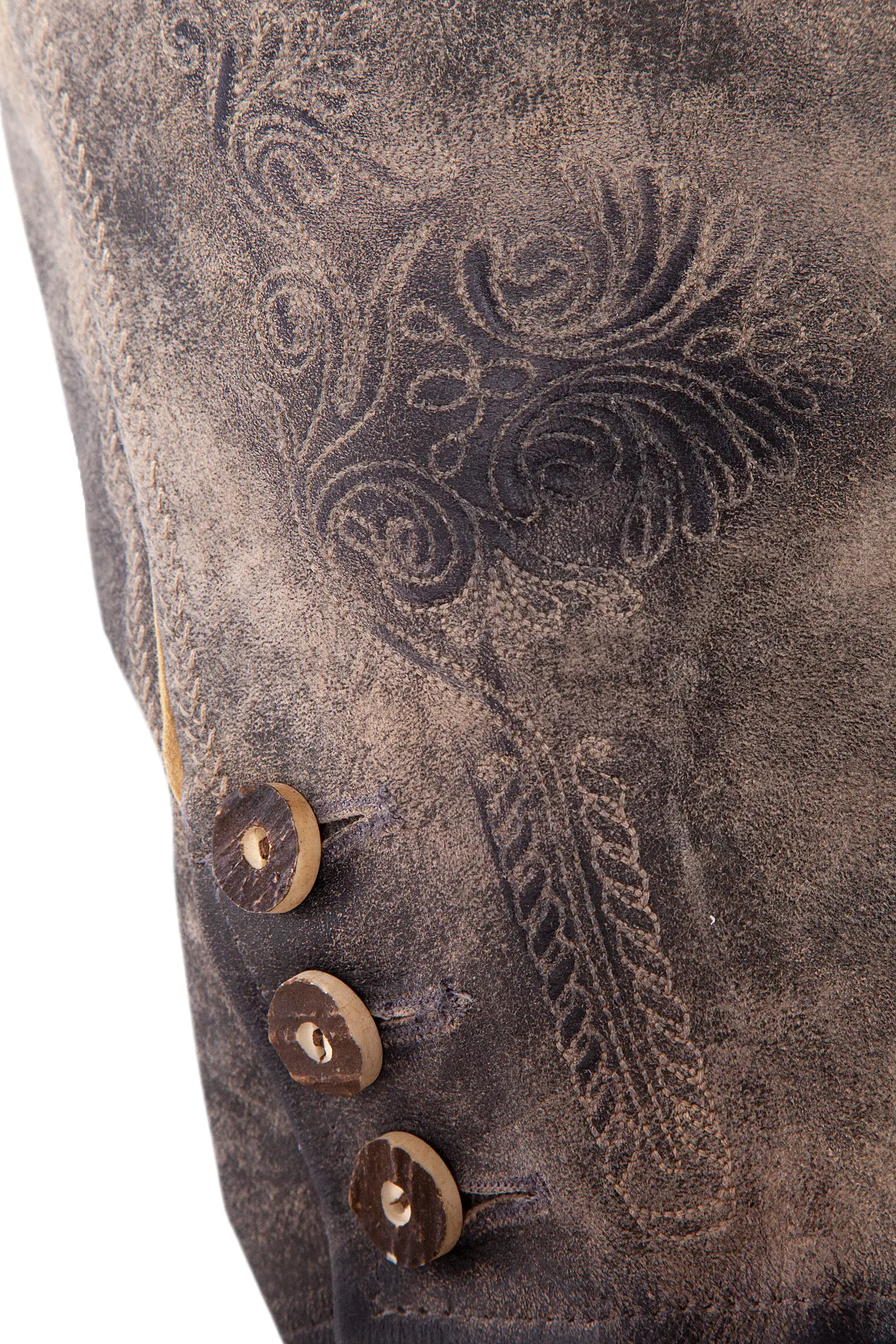 Kurze Lederhose Ammersee in graubraun Detail Bein