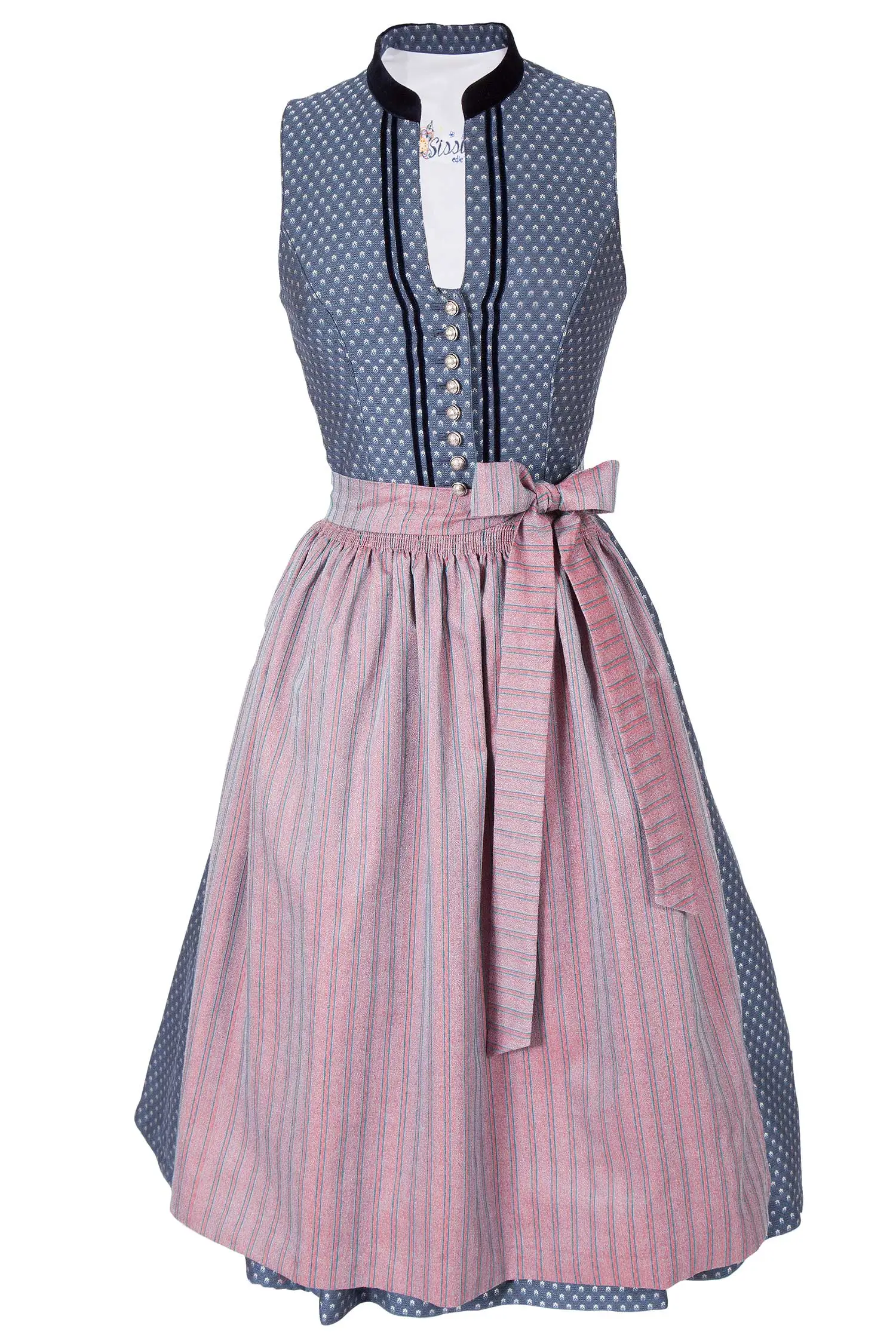 Midi Dirndl Carmen edel in blau mit roter Schürze