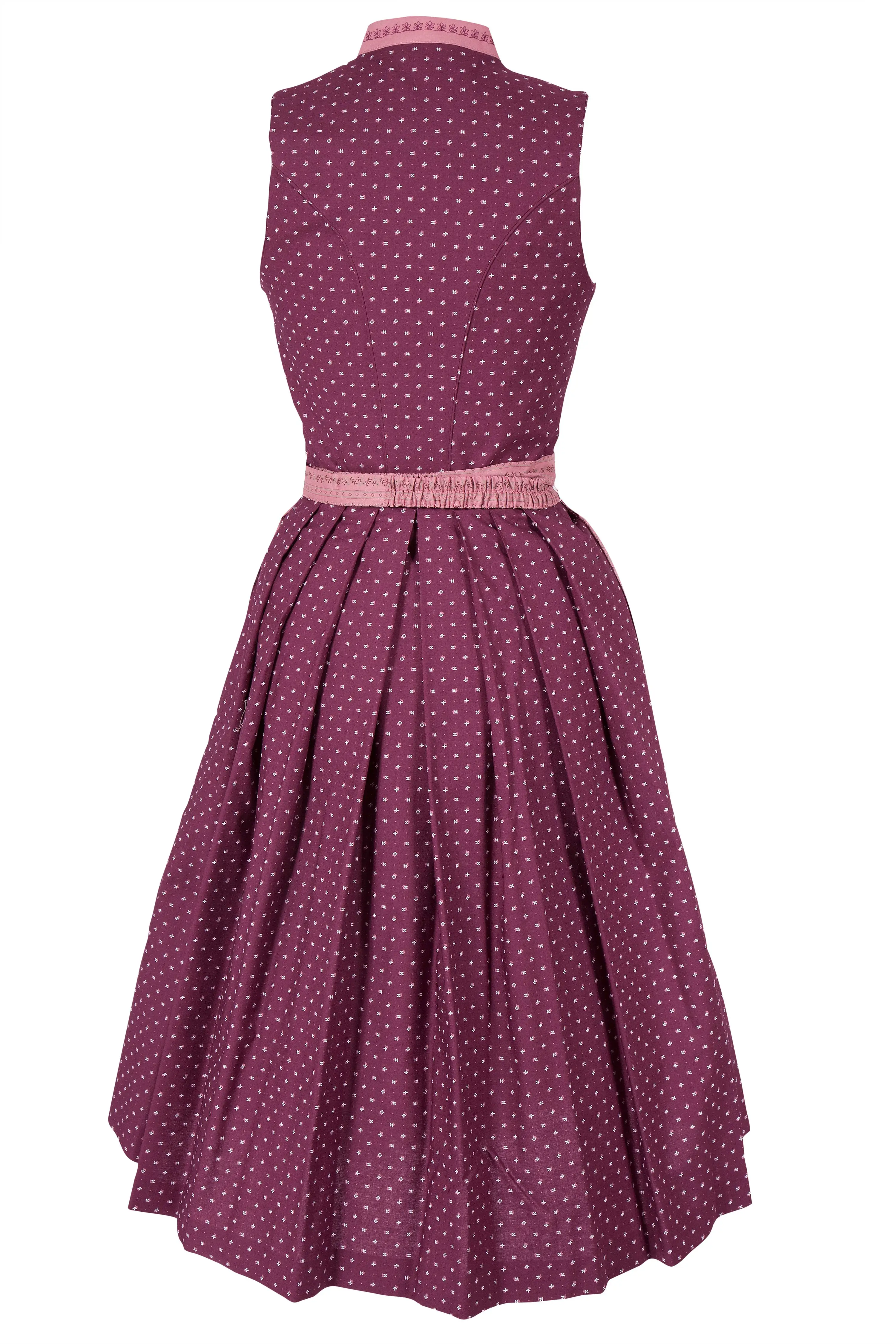 Midi Dirndl Iris in bordeaux und altrosa mit Stehkragen hinten