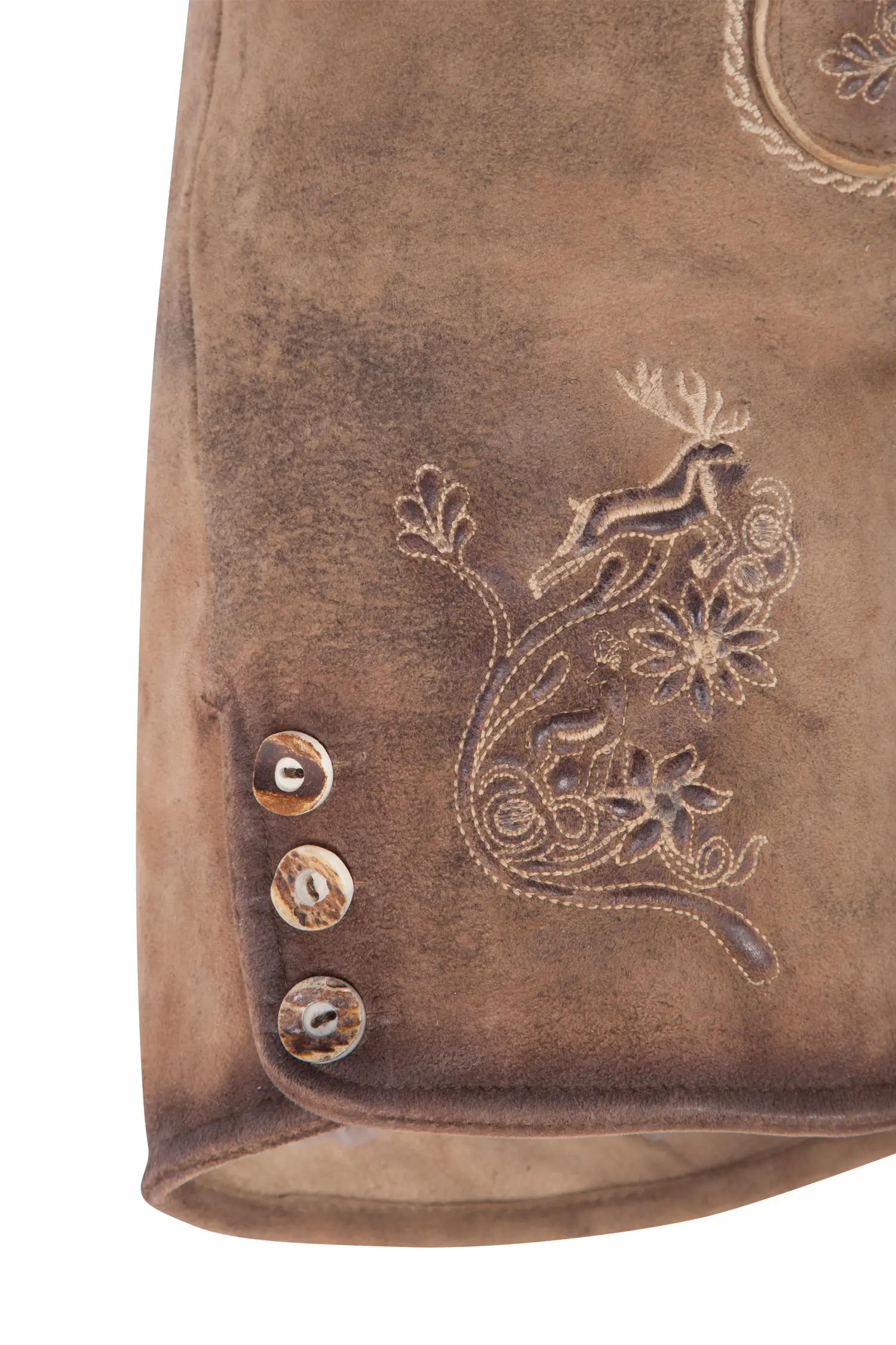 Damen Lederhose Maila in hopfen mit Latz - Detail Bein