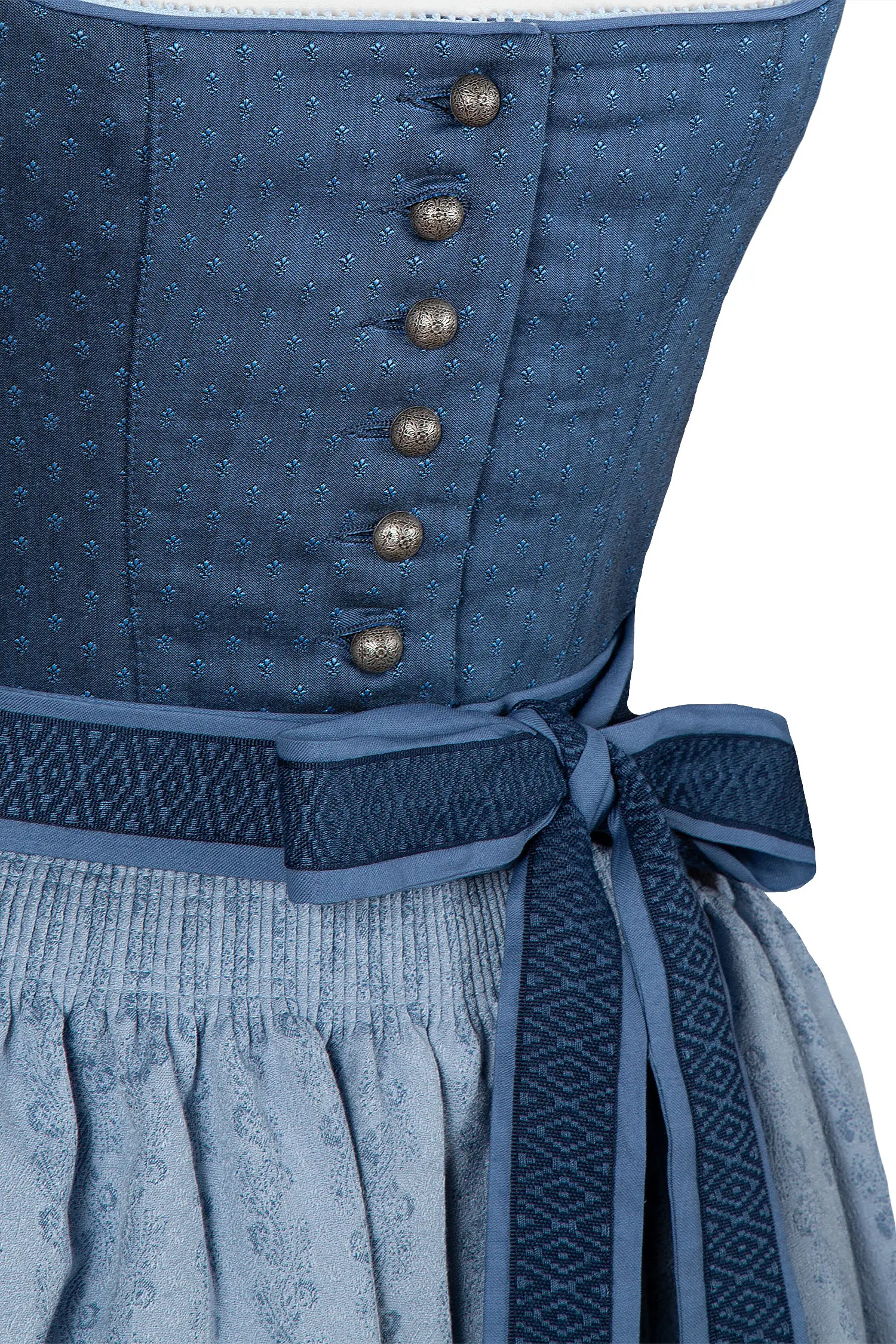 Gamsbock Dirndl in rauchblau/hellblau - Detail Mieder