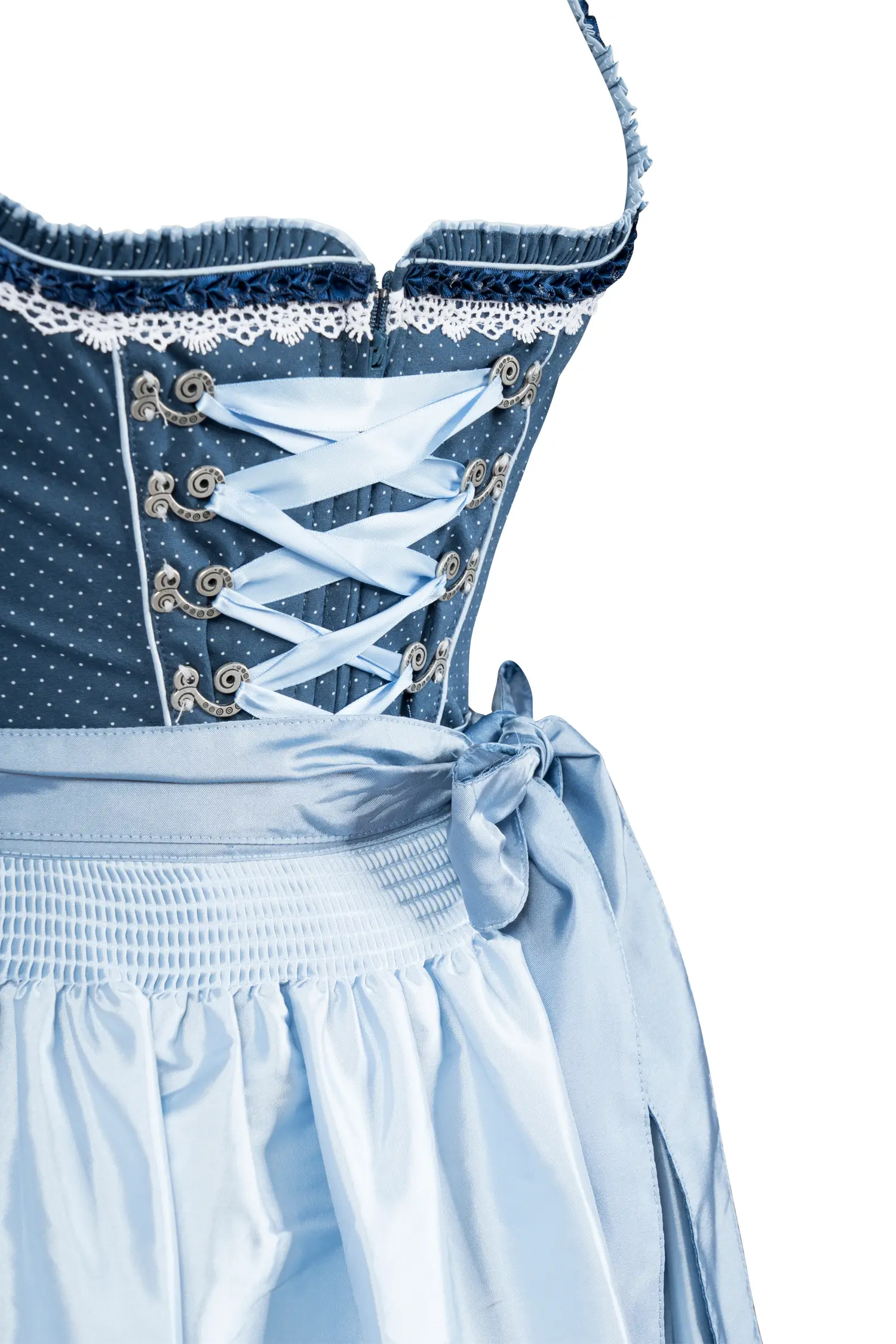3061-0164-bl7-23-07d-00664 Blaues Dirndl mit auffälliger Schürze - Detail Mieder