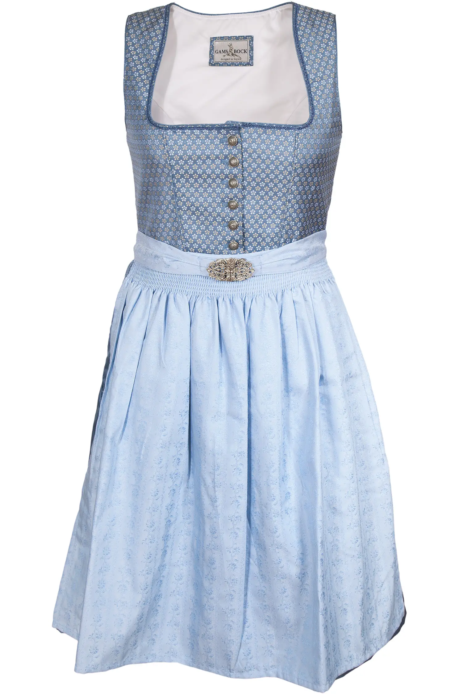 Midi Dirndl in hellblau mit Knöpfen und Blüten XXL