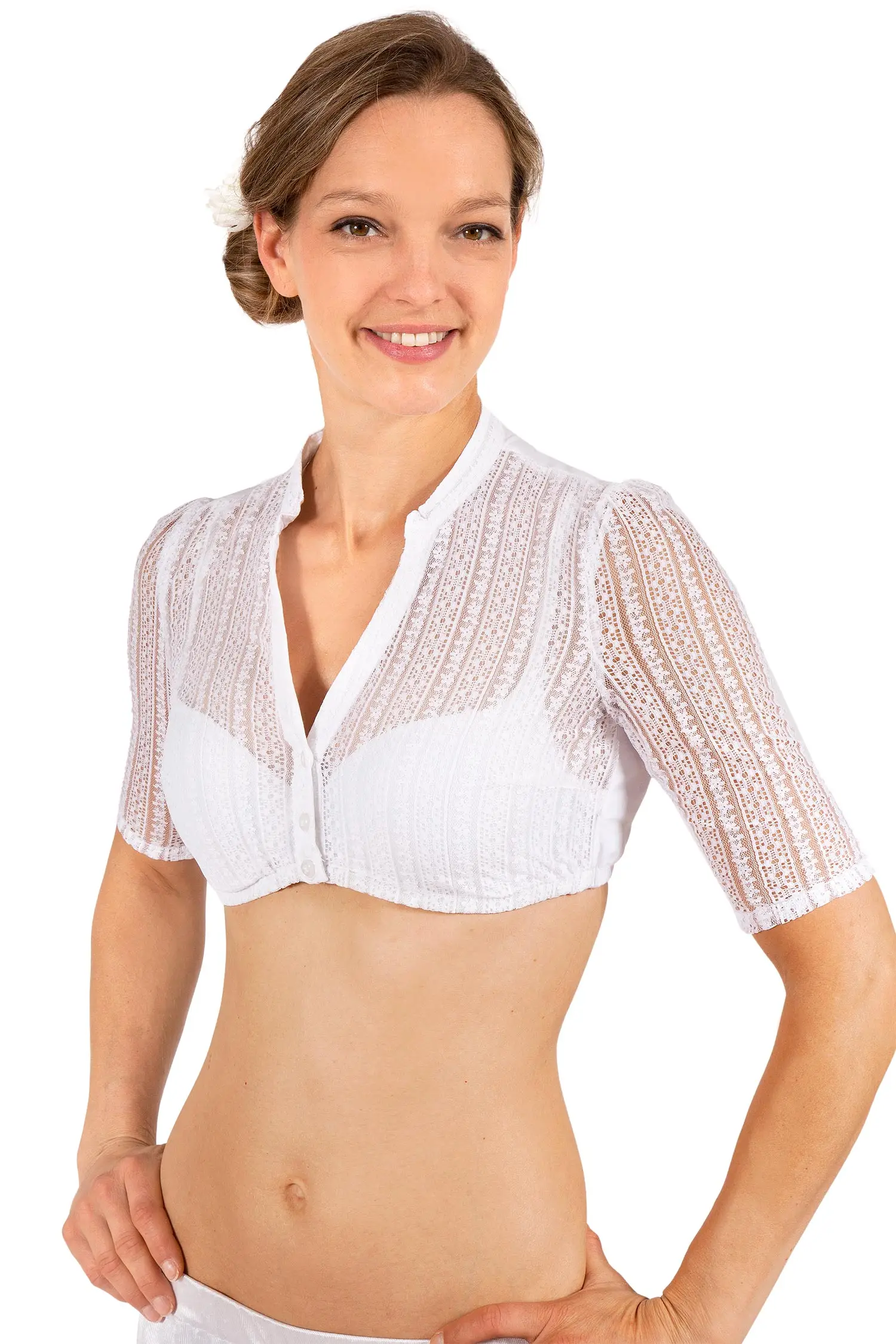 Traditionelle Dirndlbluse aus Spitze in weiß