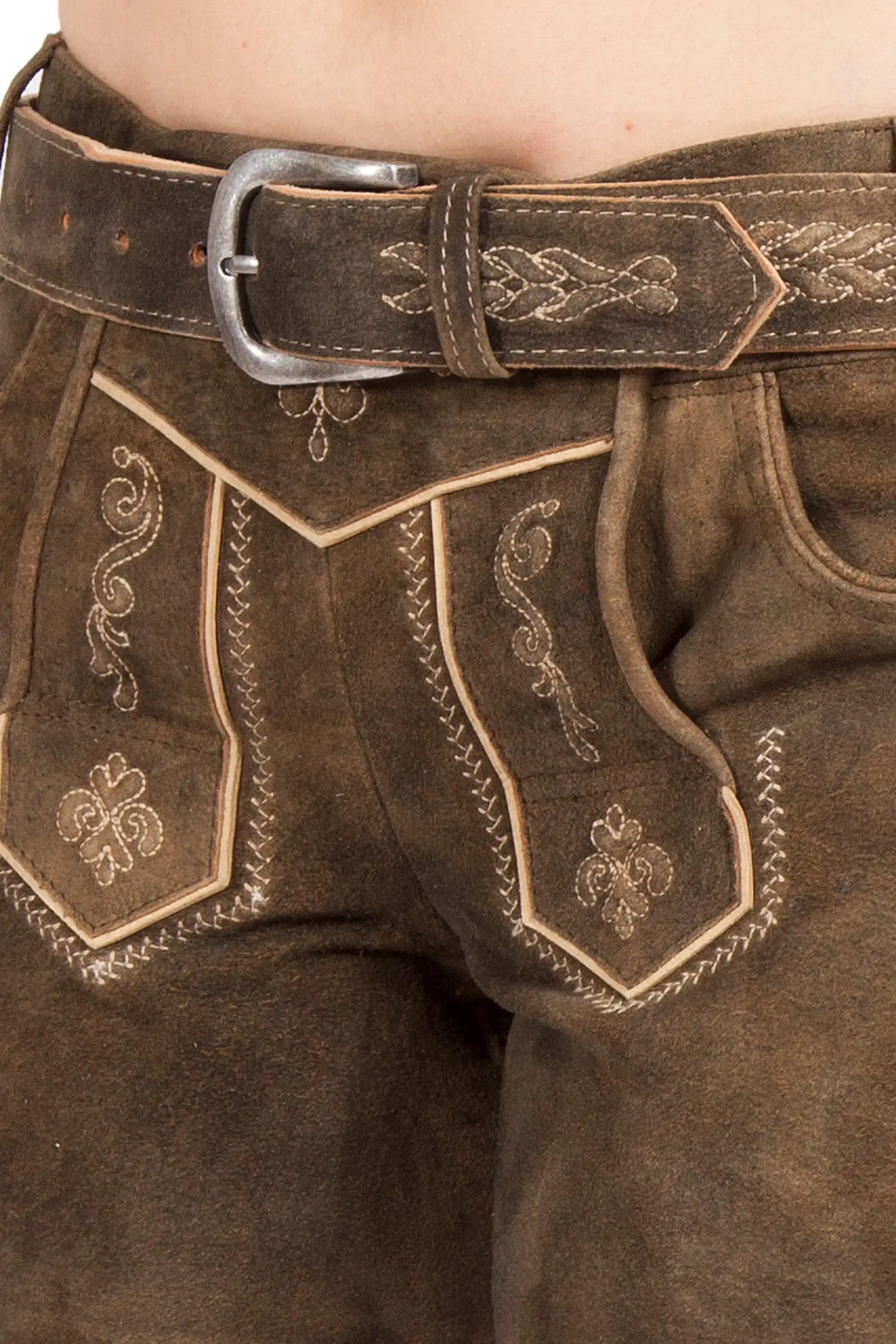 Lederhose kurz Gerda für Damen in braun mit Gürtel Latz