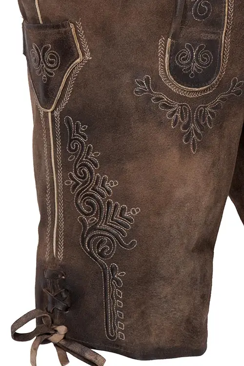 Lederhose kurz Herbert in mittelbraun mit Gürtel Bein