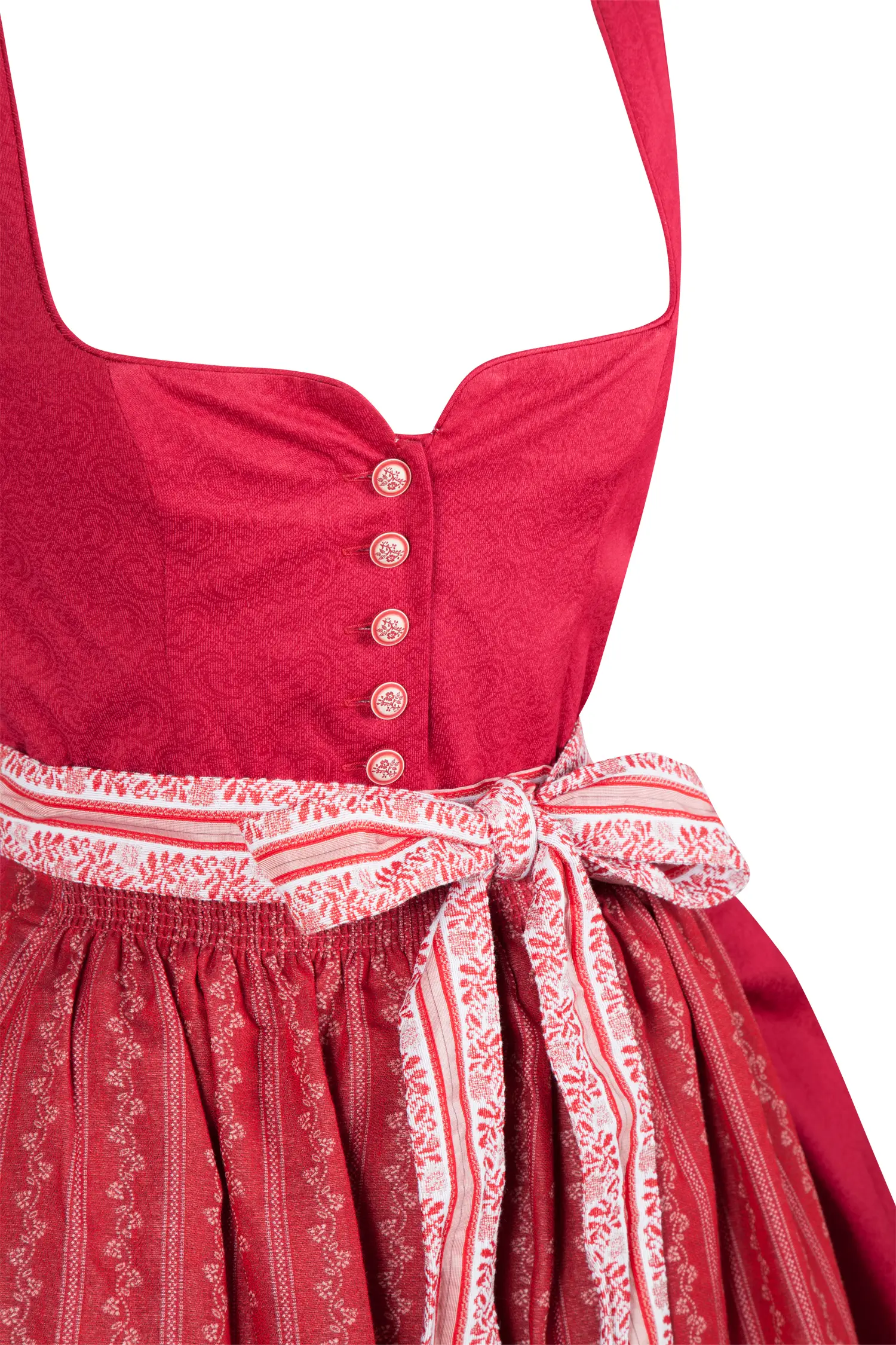 3091-1524-RT5-23-04g6349 Rotes Dirndl mit auffälliger Schürze - Detail Mieder