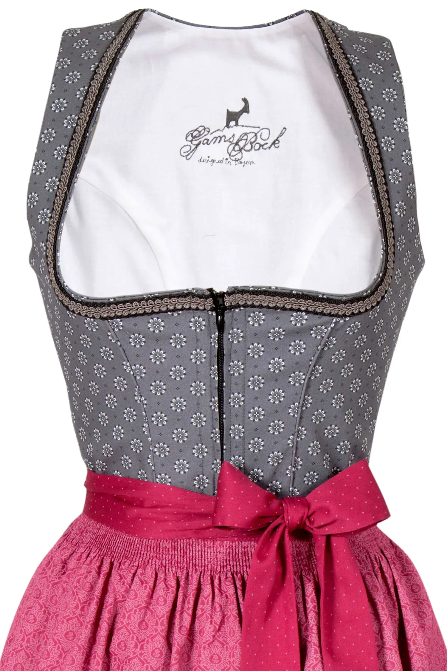 Midi Dirndl Wilma in grau mit Blumen und beere Mieder