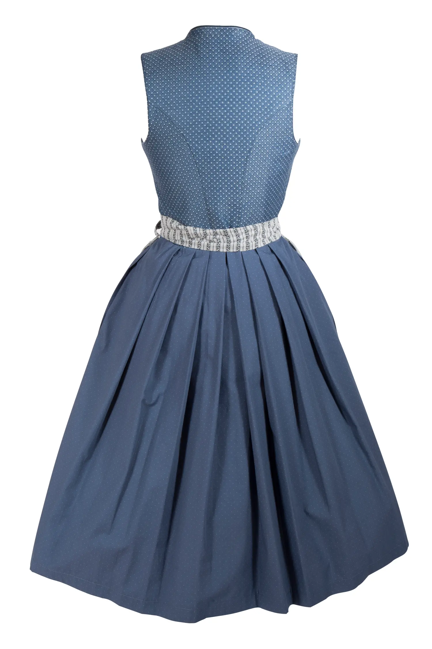 Dirndl in blau/grau mit auffälliger Schürze - Rückansicht